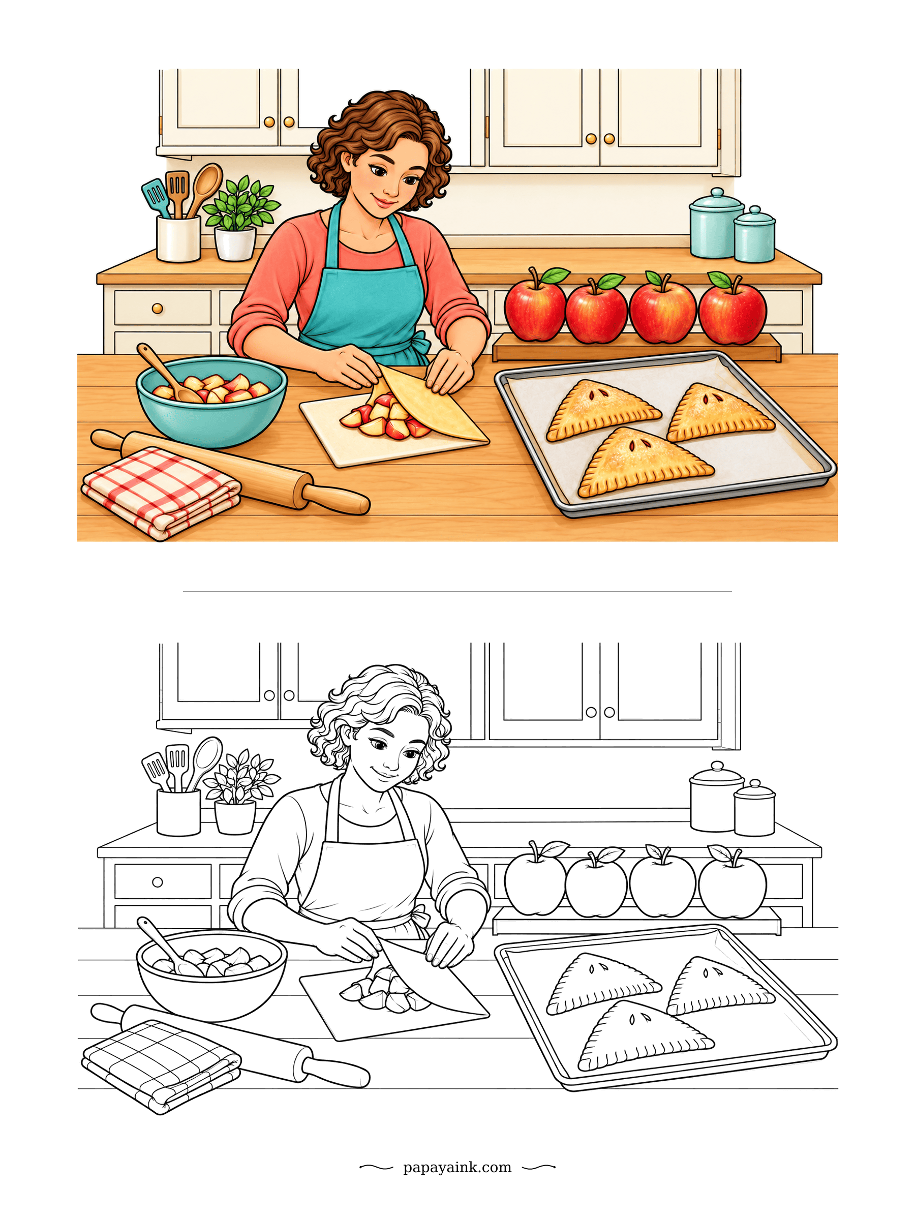 Apple Coloring Pages - Hand pies, kitchen style: a square of pastry, a spoon of diced apple, one fold corner to corner and a crimp along the edge. Three are done and waiting on the tray. Golden brown for the baked crust, lighter where it puffs.