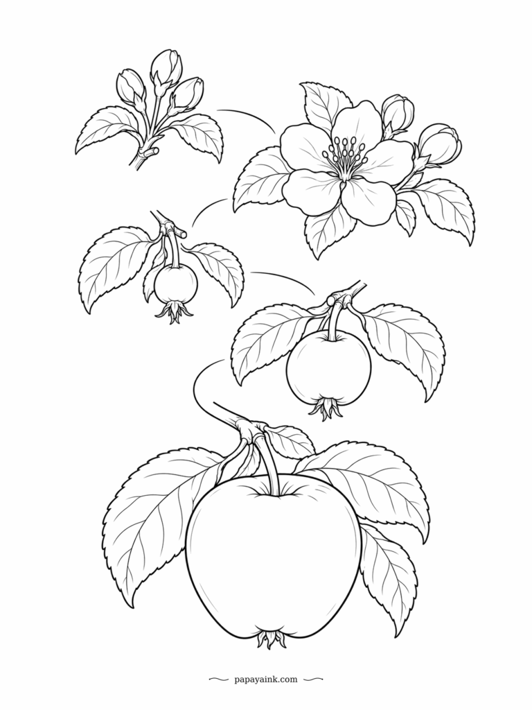 Apple Coloring Pages - Bud, blossom, fruitlet, apple: the whole season on one branch. Five petals open and fall away, the base of the flower swells into the fruit, and the dried calyx sits at the bottom of the finished apple. Color the stops in order, pale green first.