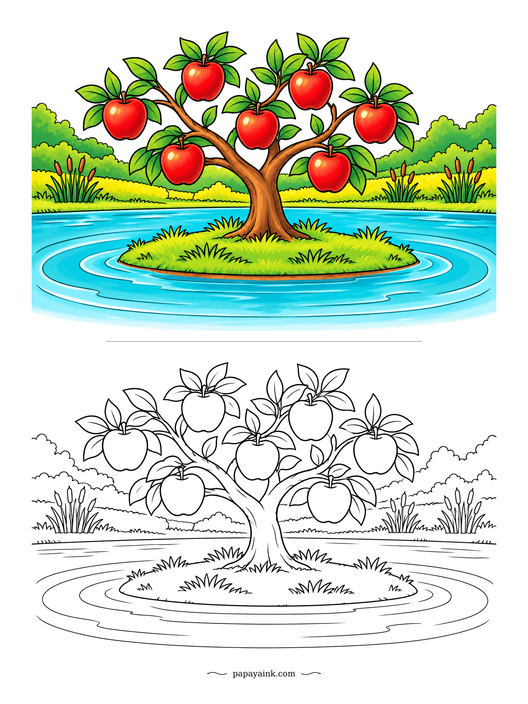 Apple Coloring Pages - A lone apple tree on its own small island, with reeds along the banks and ripples all around. Nobody is getting to these apples without a boat. Aqua water fading to deeper blue at the edges.