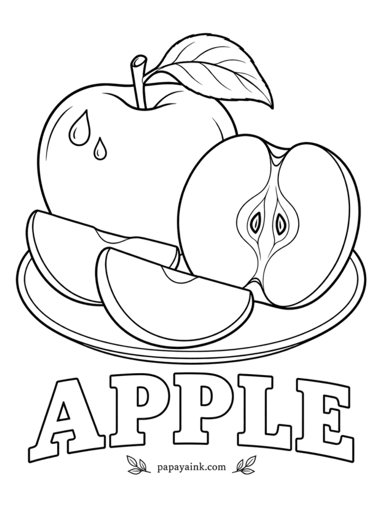 Printable Fruit Coloring Pages - Whole, halved and quartered on one plate, so the seeds and the star-shaped core finally show. The two water drops on the skin are the shine - leave them white. A red apple and a green one is a fair split.