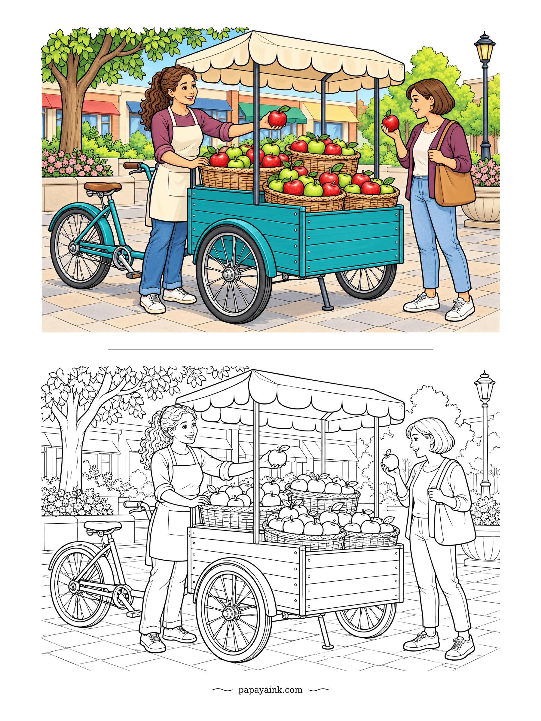 Apple Coloring Pages - A cargo tricycle parked on the town square, its box full of baskets, and the seller handing over the first apple of the morning. A lamppost and shopfronts complete the street. Teal in the model above; any cheerful shade works.