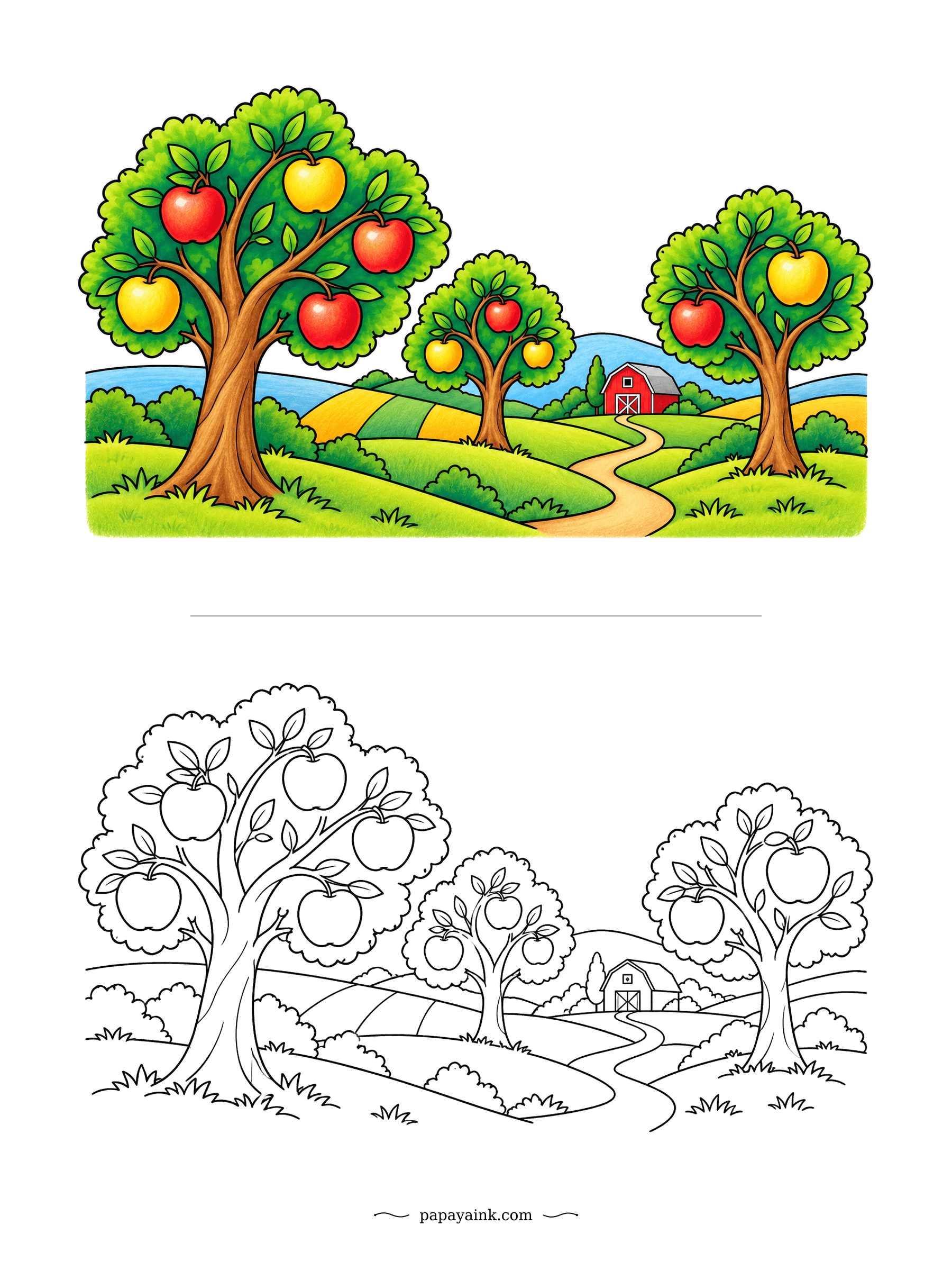 Apple Coloring Pages - Three apple trees, a winding path and a red barn in the middle distance, with the fields laid out like a quilt. Plain outlines - a calm, easy sheet. Give each field a different green or yellow.
