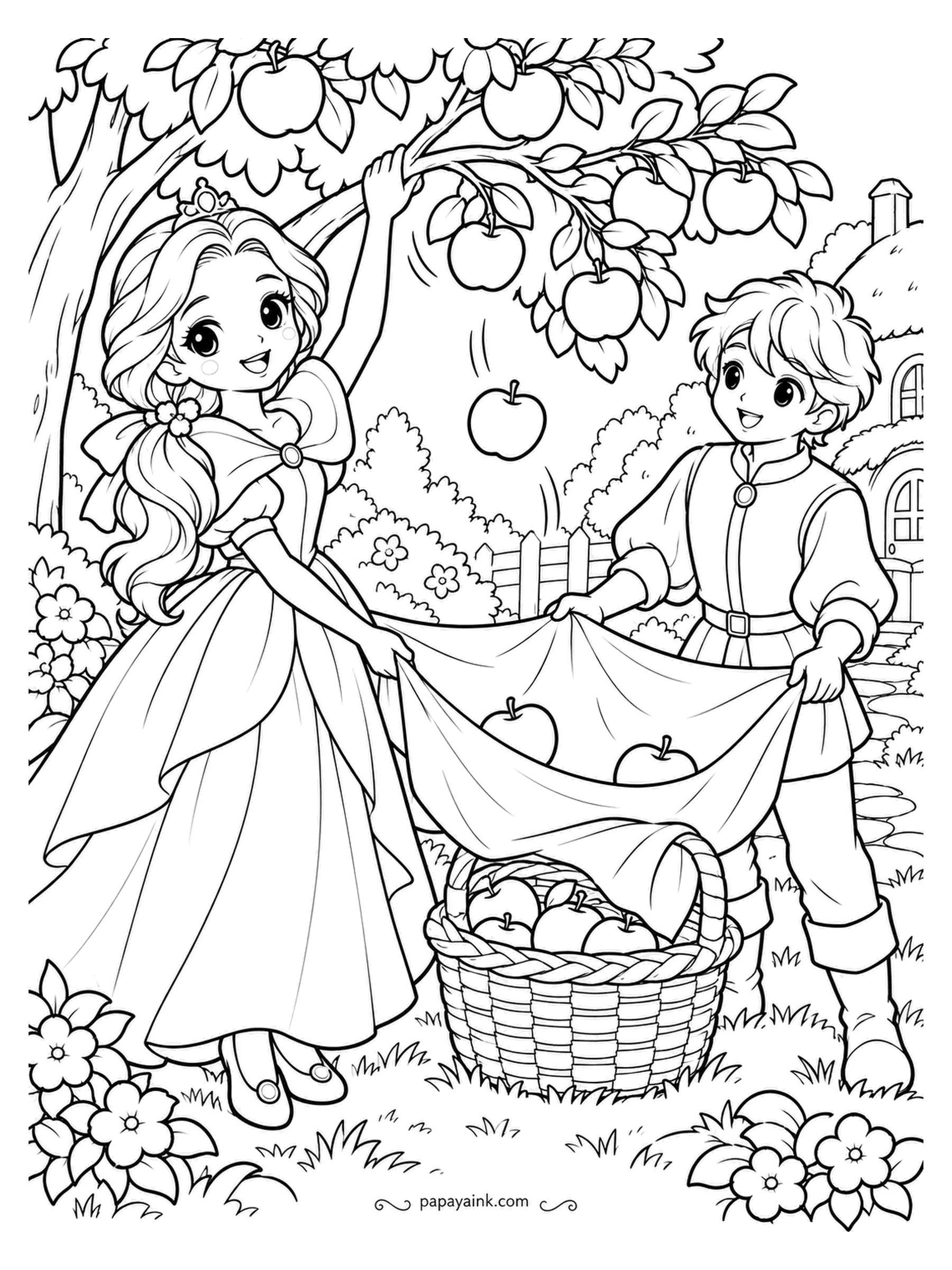 Kawaii Princess Coloring Pages - One hand on the branch, one on the sheet: the princess shakes, the prince catches, and the basket at their feet is already full. An orchard trick that works with a real bedsheet, by the way. Give each apple a slightly different red.