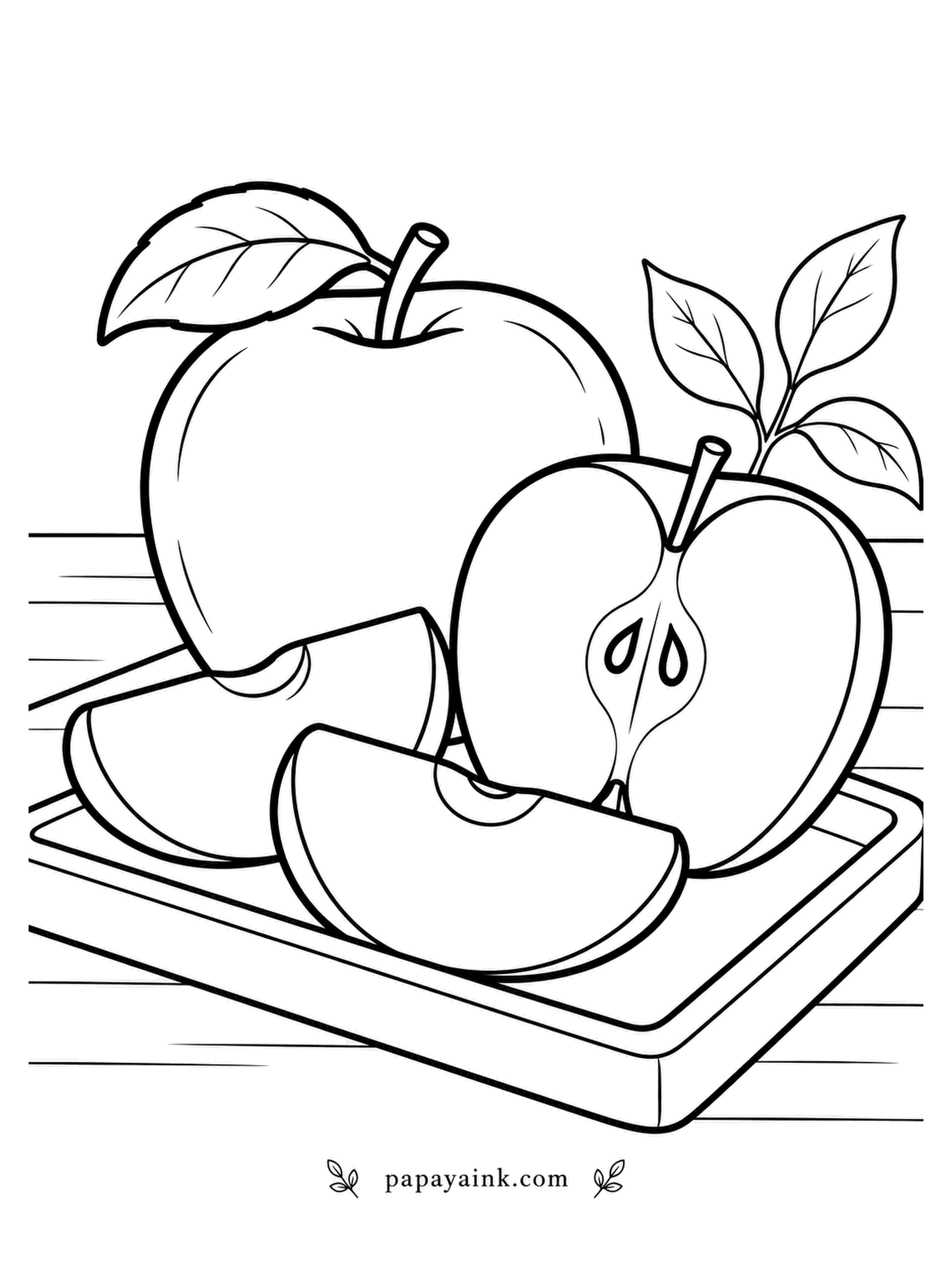 Fruit Coloring Pages - One whole apple stands guard over its halved twin and two wedges on a cutting board set out on garden slats. The cut runs lengthwise, so the core shows as a slim oval with two dark seeds - leave the flesh cream white around it.