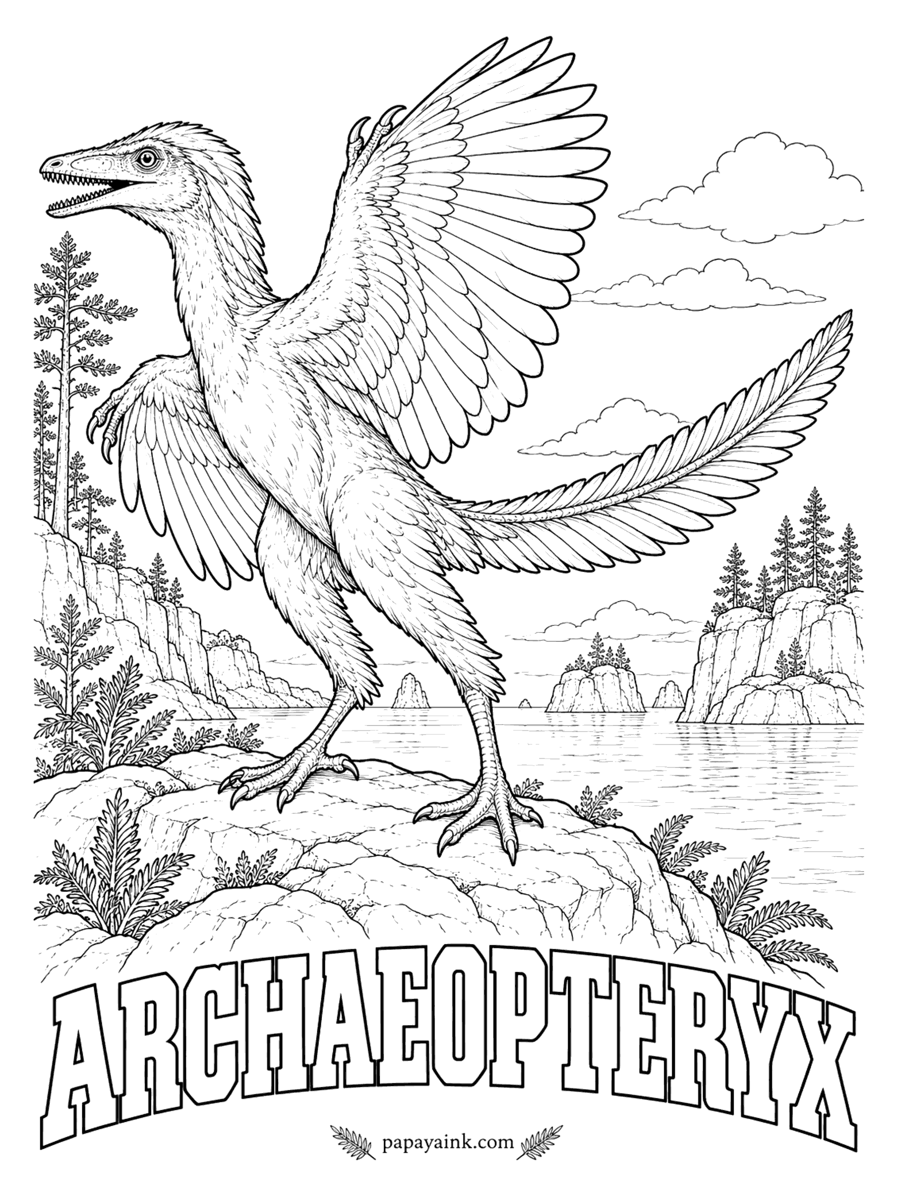 Free Printable Dinosaur Coloring Pages - Half bird, half reptile, and found at exactly the right moment - 1861, two years after Darwin published his theory of evolution. Archaeopteryx (ar-kee-OP-ter-ix, ancient wing) had feathered wings like a bird, plus teeth, clawed fingers and a long bony tail. A small meat-eater no bigger than a raven. Germany, about 150 million years ago.