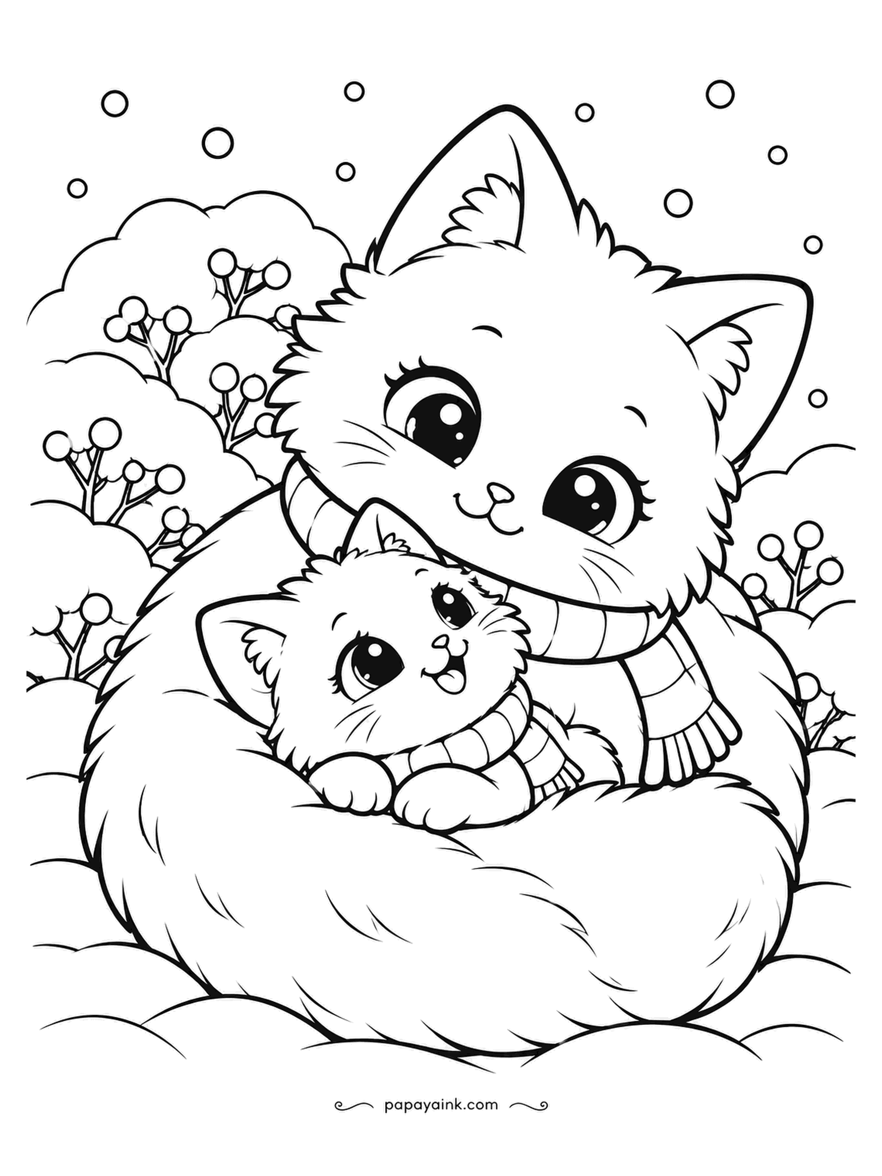 Kawaii Winter Coloring Pages - An arctic fox tail makes a better bed than most beds. The kitten has claimed the curl, scarf and all, and the fox has decided to stay put until spring. Leave the fox as it is and let the berry bushes do the work.