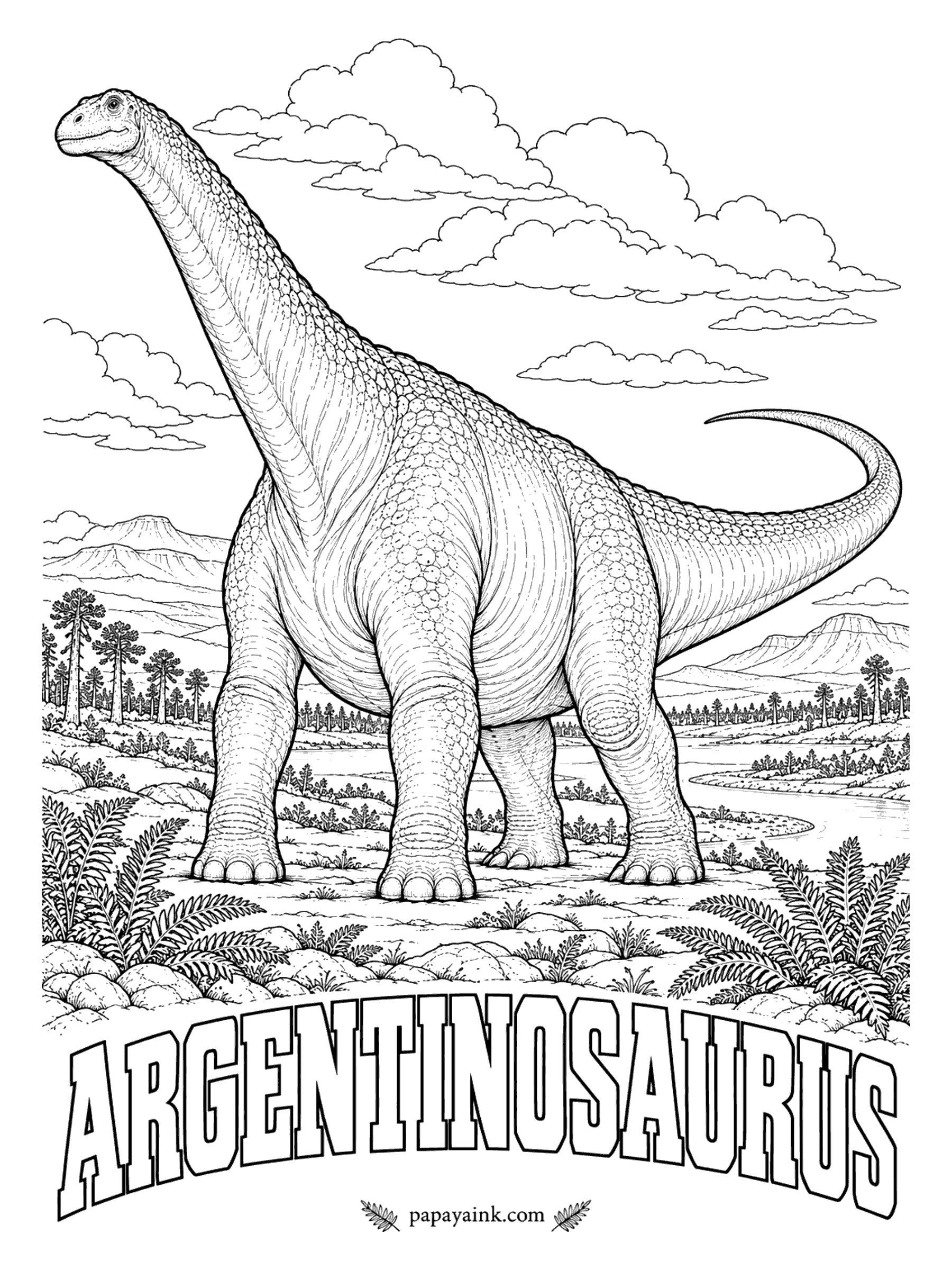Free Printable Dinosaur Coloring Pages - As long as three school buses and as heavy as a dozen elephants, this is one of the largest animals ever to walk on land. Argentinosaurus (ar-jen-TEEN-oh-SORE-us, Argentina lizard) is known from only a handful of giant bones. A plant-eater 100 feet long or more. Argentina, roughly 100 million years ago.