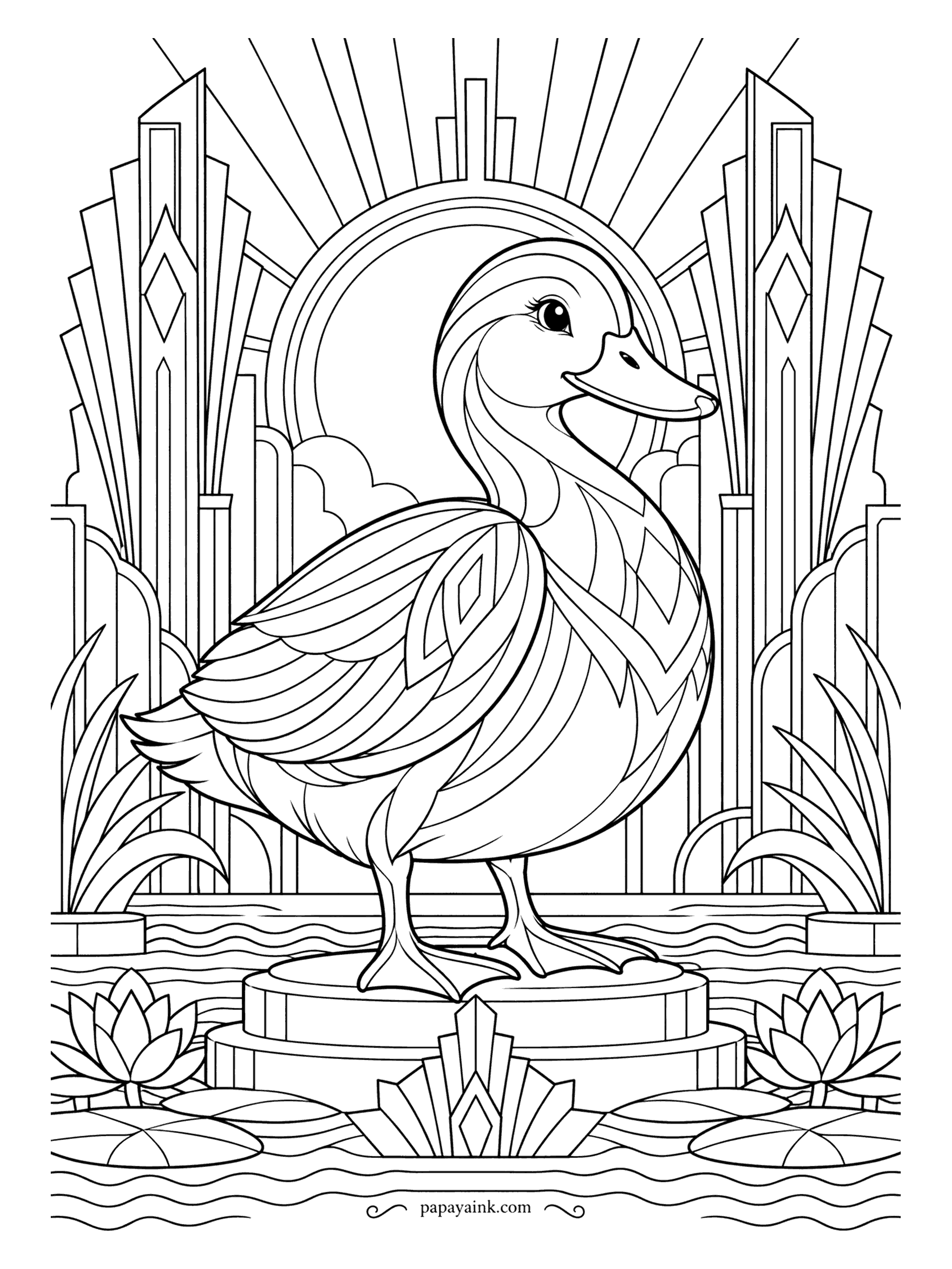 Duck Coloring Pages - Stepped towers, a sunburst and a tiled plinth set this duck in the geometry of an Art Deco poster. Gold, black and cream feel right, and the sharp feather panels can each take a different tone.