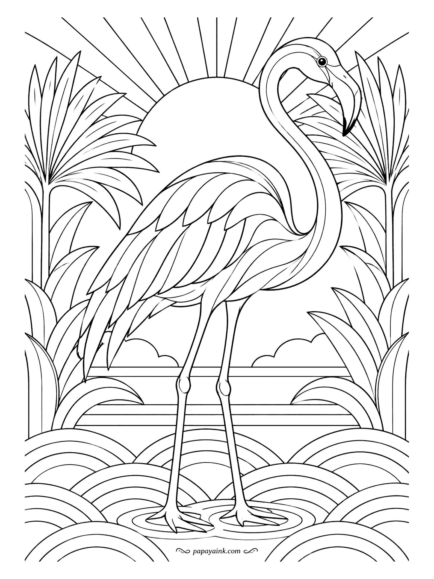 Flamingo Coloring Pages - Sunrise fanned into straight rays, palm fronds cut like fins, and a flamingo whose feathers fall in long tapered blades: the whole page is ruled lines and arcs. A limited palette - coral, gold, teal and ink - turns it into a hotel poster.