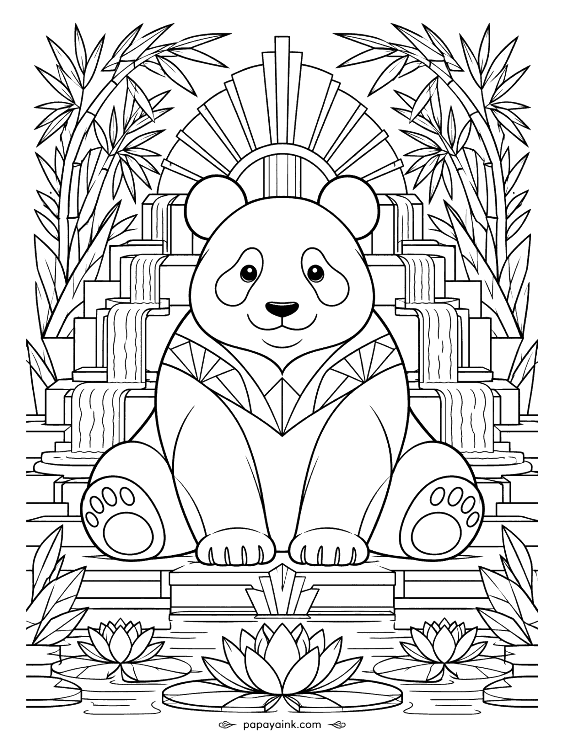 Panda Coloring Pages - Stepped waterfalls build a throne under a fan of rays, and the panda sits on it in a geometric collar, framed like a theater poster from the 1920s. Gold and deep green are the classic art deco pairing. Detailed.