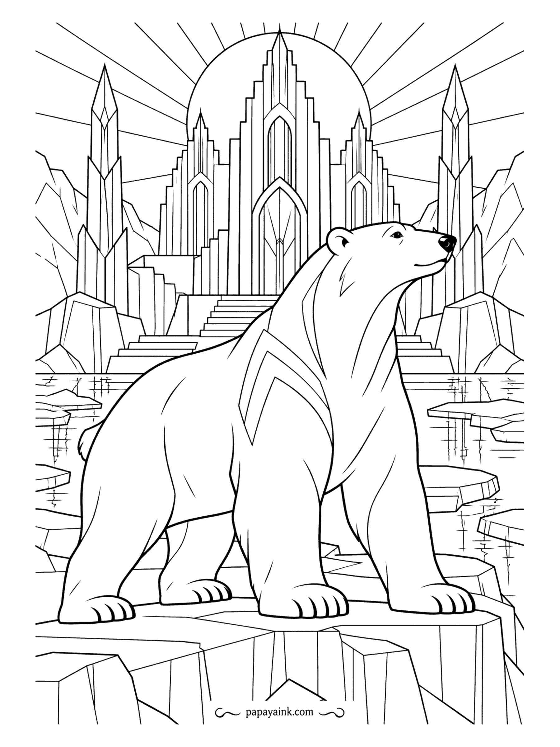 Polar Bear Coloring Pages - Sunrays fan out behind an ice palace of spires and stairways, and the bear below carries the same sharp chevrons on its shoulders. Detailed. Metallic pencils in gold and silver suit the art deco lines perfectly.