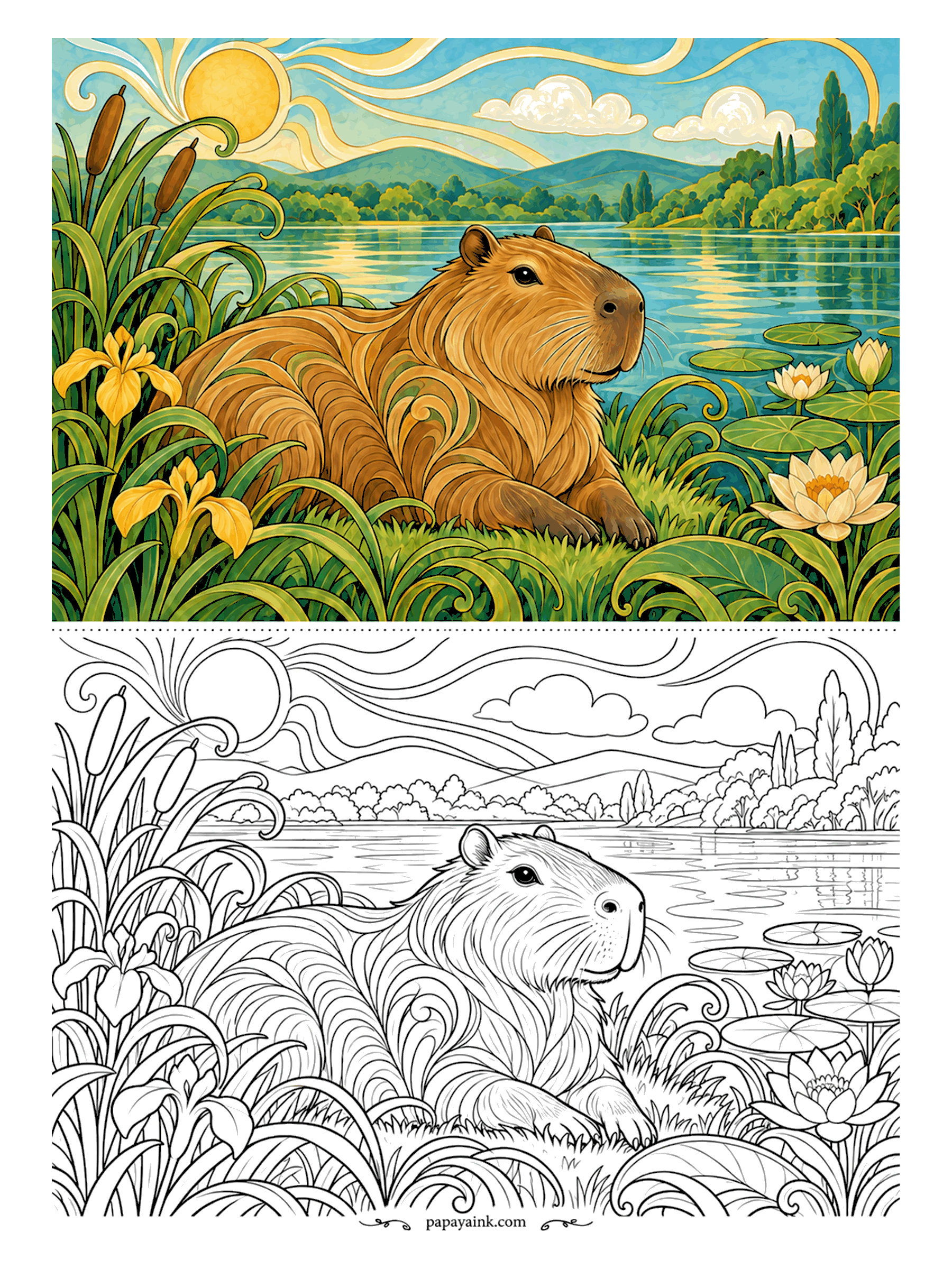 Capybara Coloring Pages - Settled in the reeds at the water's edge, the capybara has yellow irises on one side, lotus flowers on the other and a wooded lake stretching out behind. Tawny brown in long strokes for the fur, gold for the irises, soft blue-green for the lake.