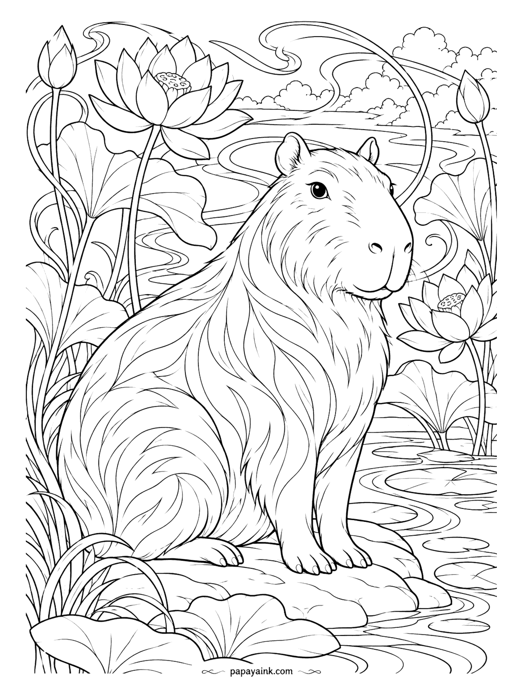 Capybara Coloring Pages - Long, flowing art nouveau lines turn the fur into ribbons and the river into swirls. The capybara sits on a stone among lotus blossoms and seed pods, entirely unbothered by all that ornament. Detailed.
