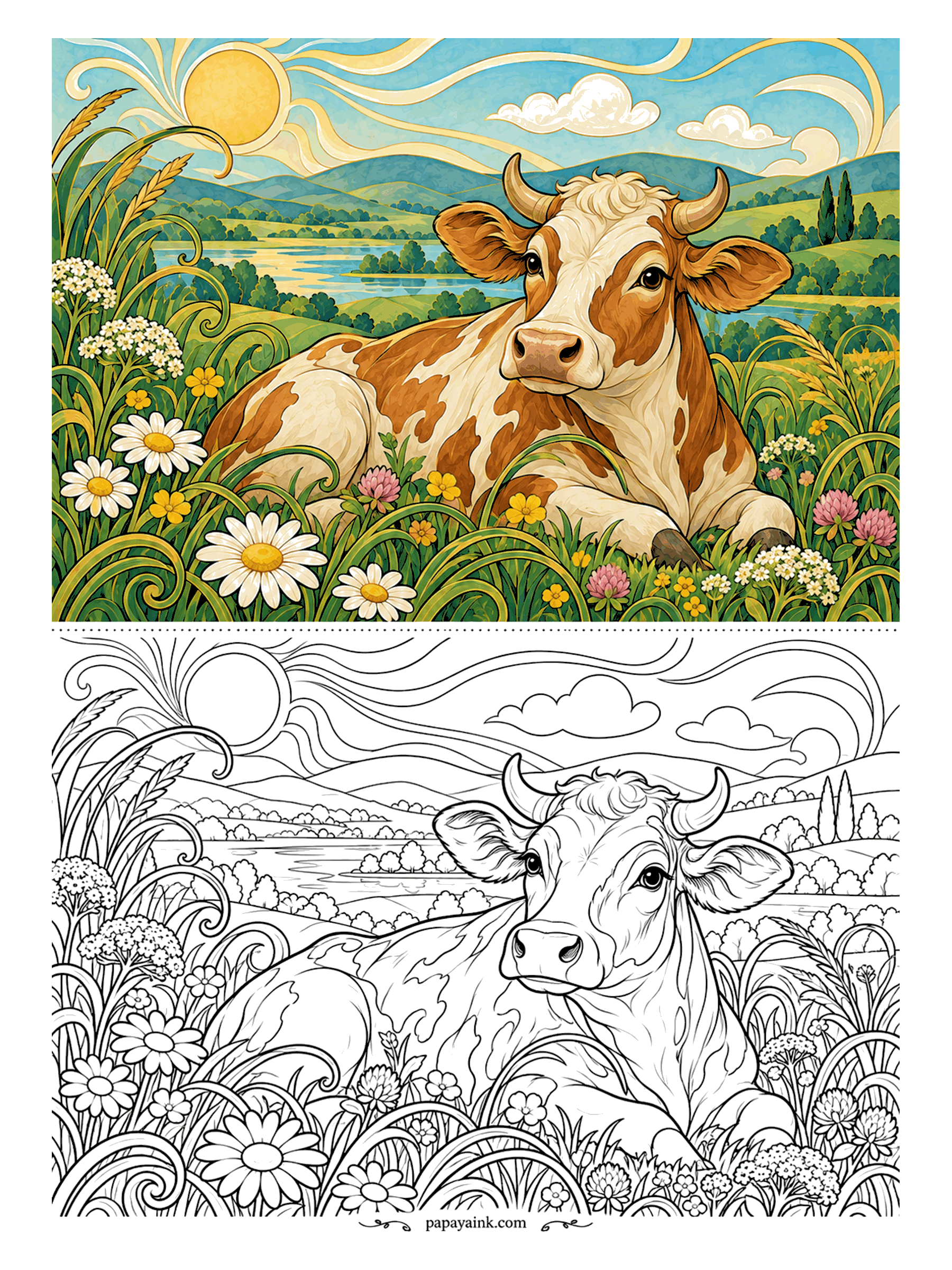 Cow Coloring Pages - Daisies, clover and buttercups up to her chest, the brown-and-white cow lies in the meadow and turns her head toward you under long ochre sun rays. Patch the hide, fill the grass in two greens, and leave the daisies white.