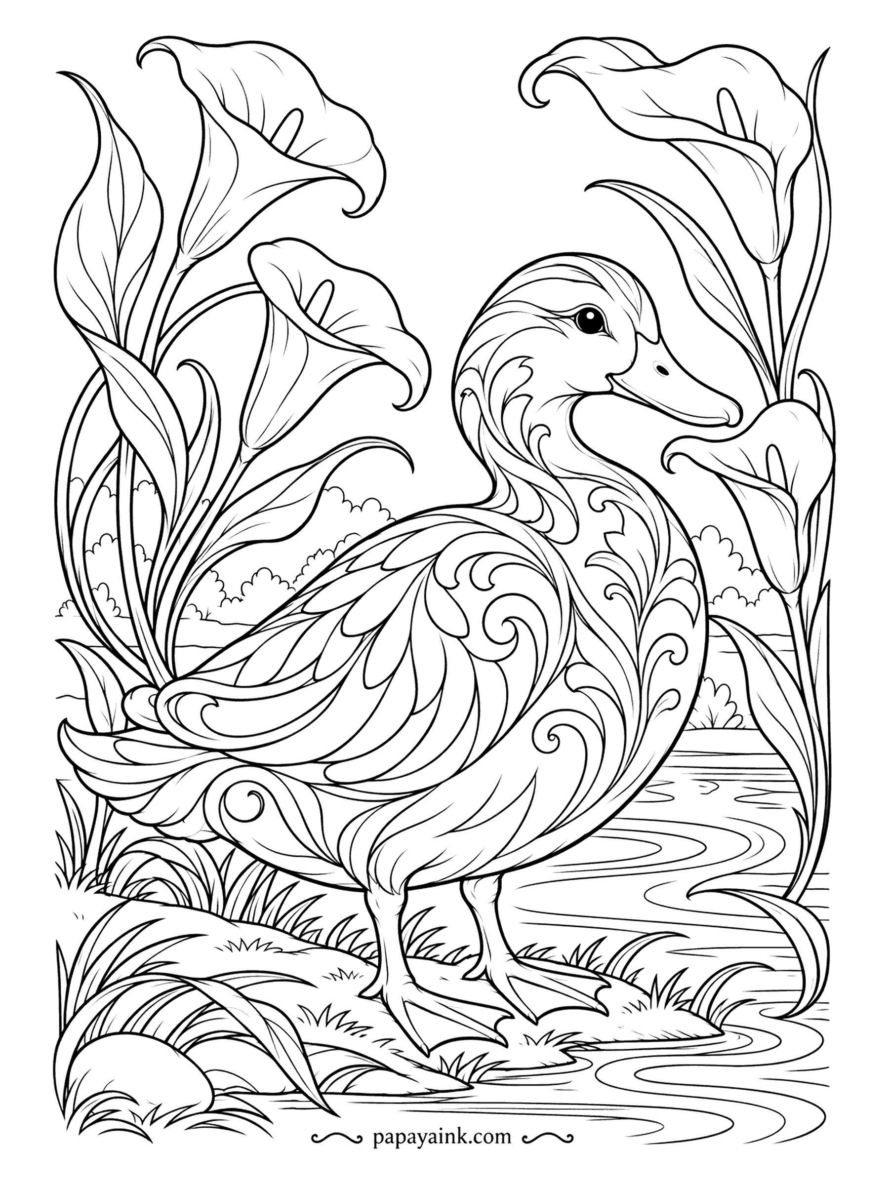 Duck Coloring Pages - Calla lilies curl around a duck whose feathers have turned into Art Nouveau scrollwork. Try a muted palette here - olive, ochre, dusty rose - the way old poster prints were colored. Detailed.