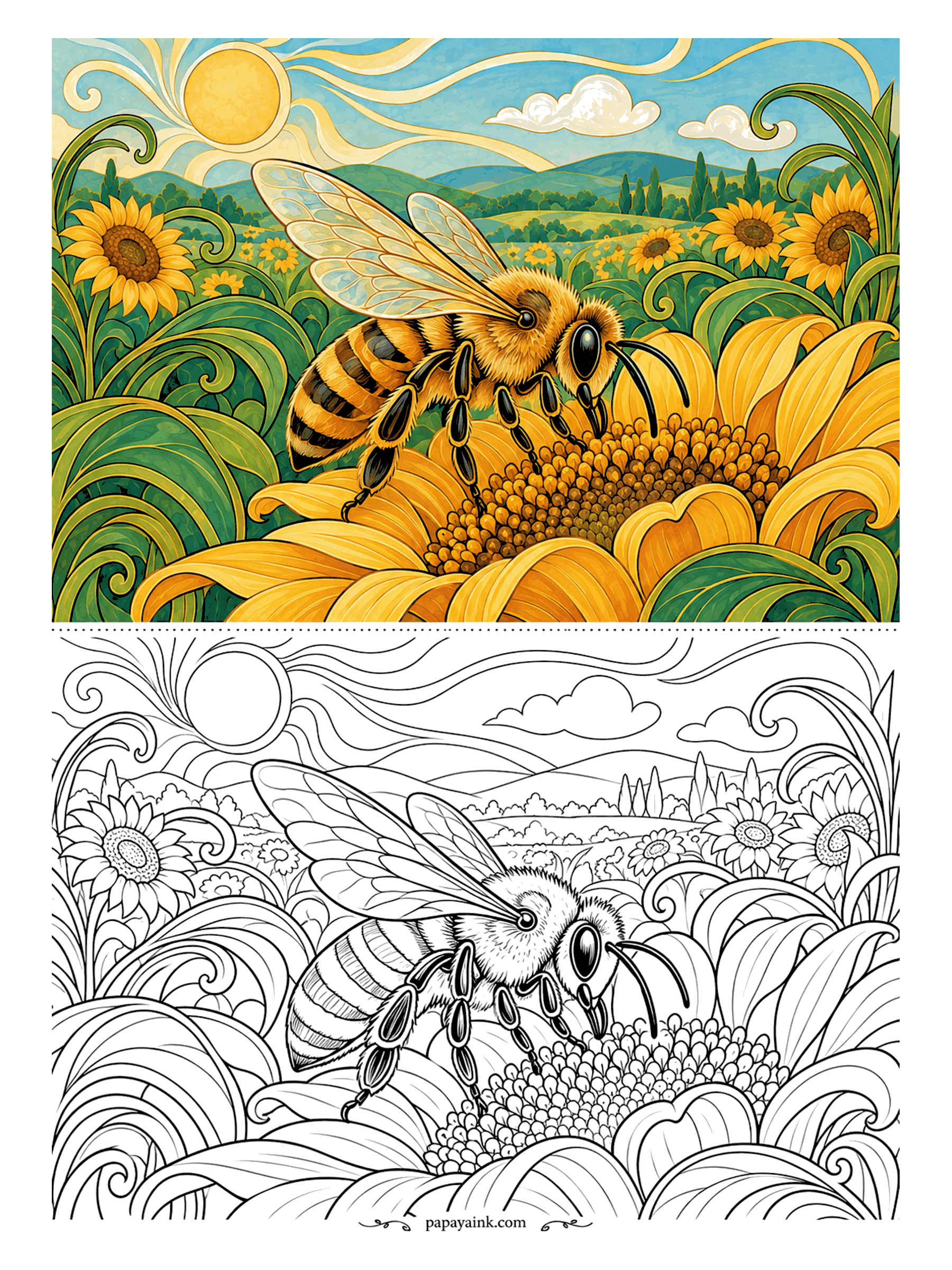 Bee Coloring Pages - Wings veined like stained glass, a honeybee lands on the seed head of a sunflower, and the field repeats the same yellow discs to the hills. Art Nouveau swirls carry the wind. Gold and black stripes first, then as many yellows as you own.