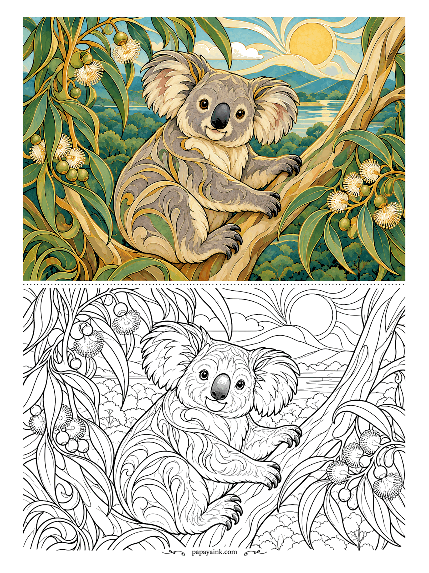 Koala Coloring Pages - Hugging the eucalyptus trunk, the koala looks straight at you while gum blossoms and seed pods hang from every branch and a lake glints far below. Grey and cream for the fur, pink inside the ears, creamy puffs for the blossoms.