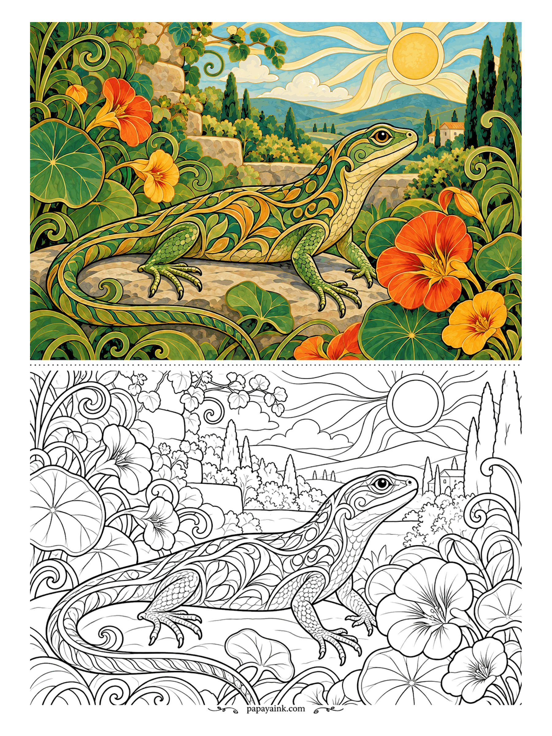 Lizard Coloring Pages - Stretched along a sunlit stone wall among nasturtiums, a green lizard with scales patterned in Art Nouveau curls watches a village of cypresses on the hill. Emerald and gold on the lizard, orange and yellow on the flowers, warm grey for the stone.