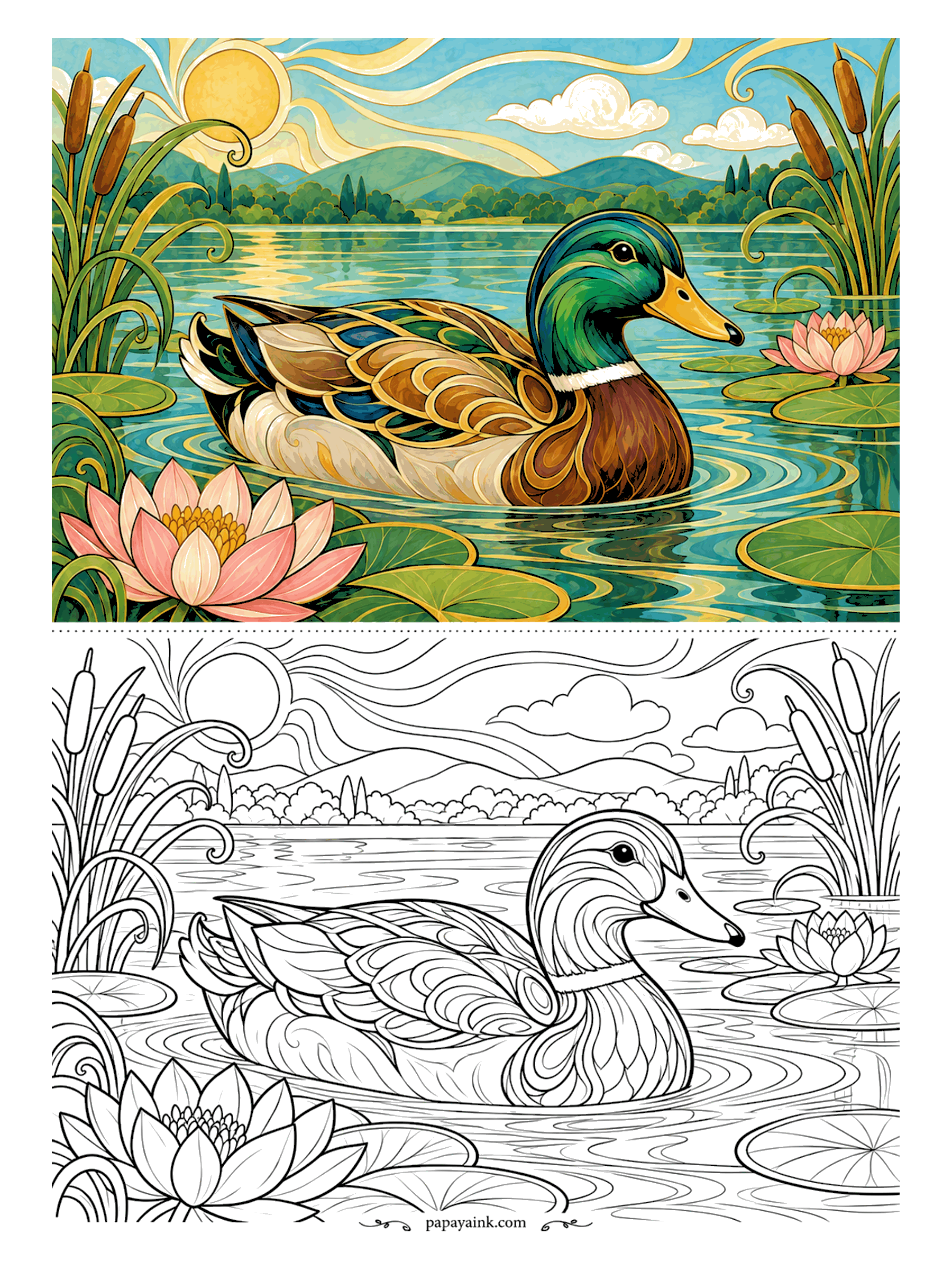 Duck Coloring Pages - The mallard drake glides between lily pads, his breast and wing feathers drawn as curling leaves, cattails and a sunburst sky over the water. Bottle green head, chestnut breast, a white collar, and the ripples in two blues. Detailed.