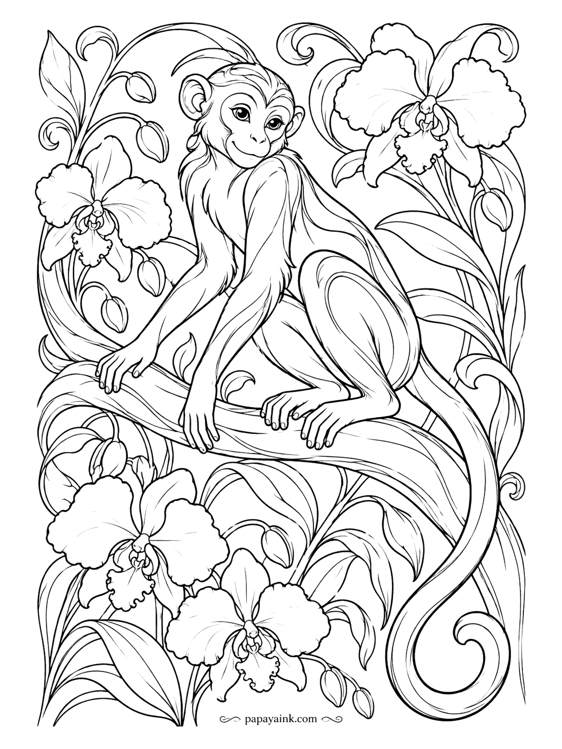 Monkey Coloring Pages - Orchids curl around the frame in long whiplash stems, and a slim monkey perches on a branch in the middle like a figure from a vintage poster. Try muted colors - olive, plum, old gold - to keep the period feel.