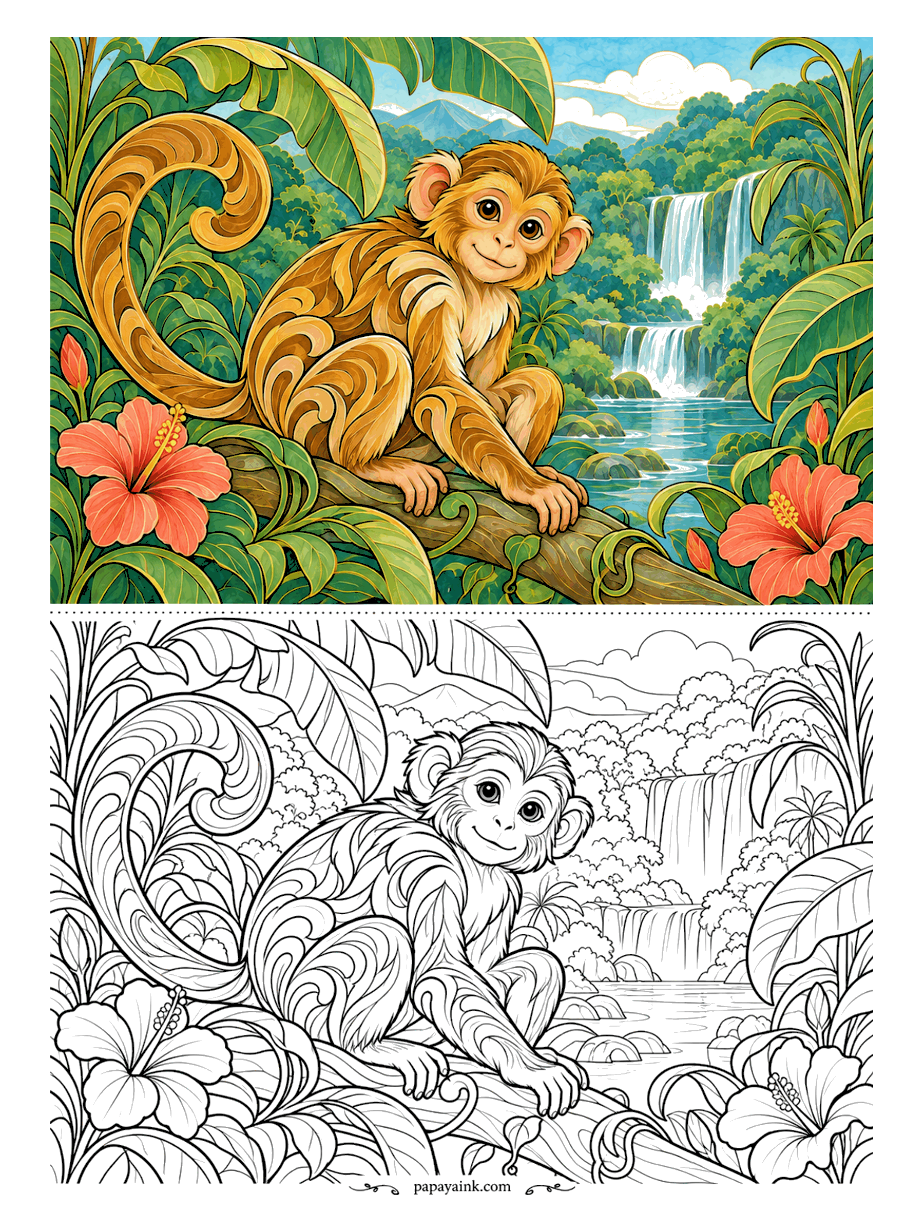 Monkey Coloring Pages - His tail curls into a perfect Art Nouveau scroll: a golden monkey crouching on a branch, hibiscus blooming at both corners, a waterfall dropping through the jungle in the distance. Amber fur, coral flowers, and a dozen greens for the leaves. Detailed.
