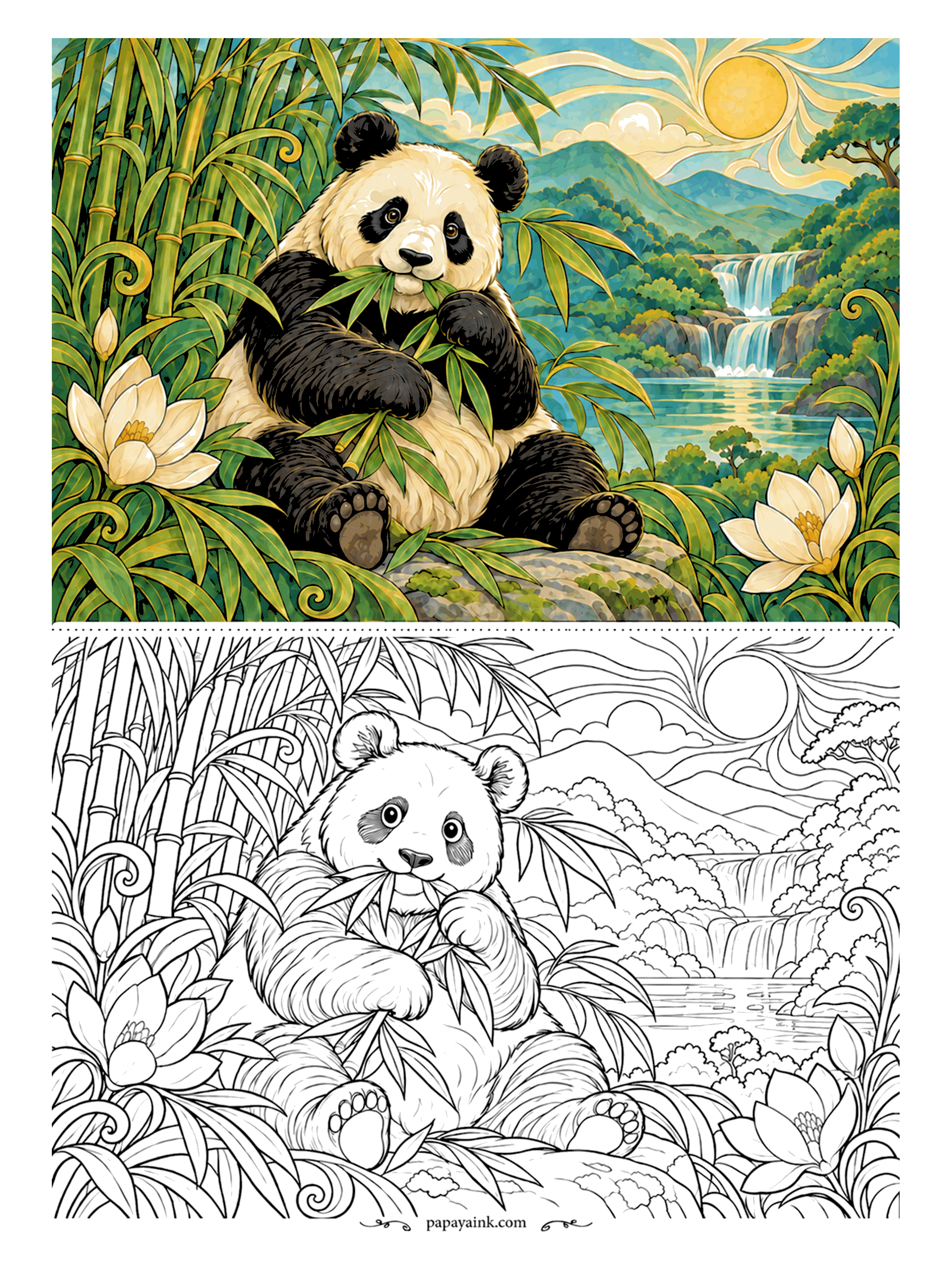 Panda Coloring Pages - Lunch in the bamboo grove: a giant panda sits chewing a leafy stalk, with a waterfall and valley opening up on the right and white magnolias at the corners. Black-and-white goes quickly; the real work is the bamboo, so bring three greens.