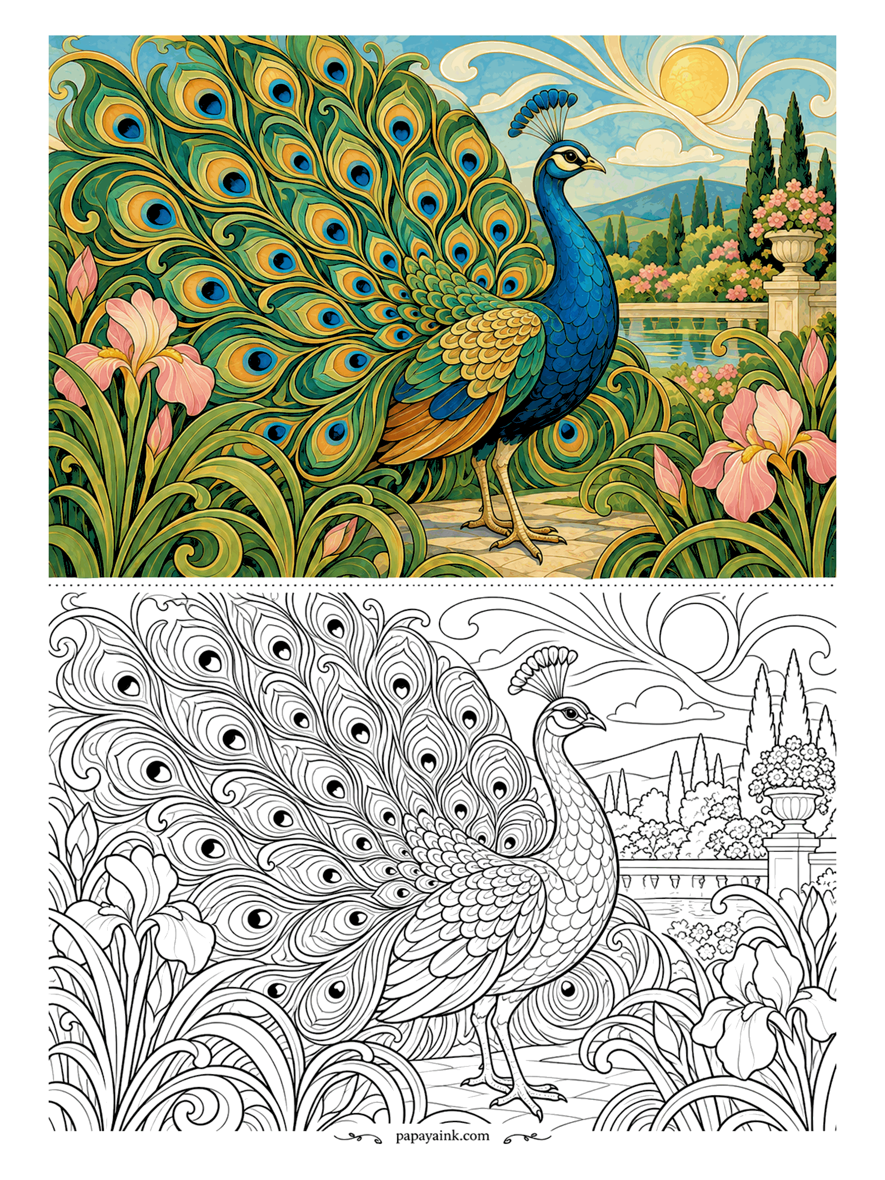 Peacock Coloring Pages - Every eye-feather is a medallion: the peacock opens his full train on a garden path between pink irises, with a stone balustrade, an urn and cypress trees beyond. Teal, royal blue and bronze on the train, a page for pattern lovers. Detailed.