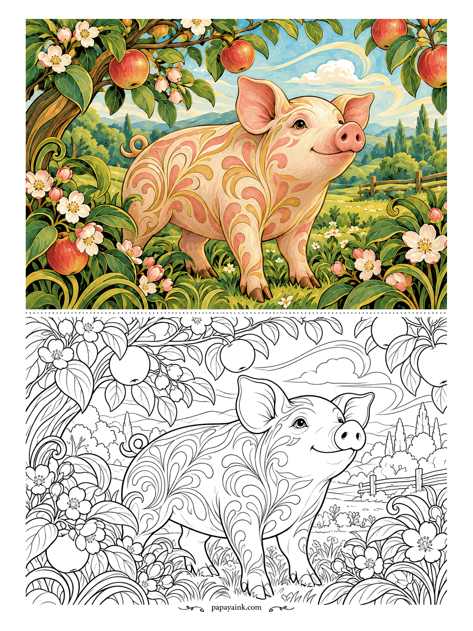 Pig Coloring Pages - Blossom and fruit at the same time on the apple tree, and under it a smiling pig with flourishes curling over her flanks like printed cloth. A fence and hills sit far back. Rose pink for the pig, red apples, a blush on each petal.