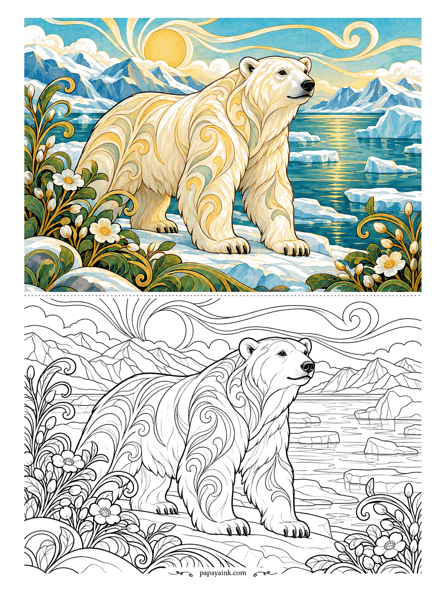 Polar Bear Coloring Pages - Pale gold swirls trace the white coat of a polar bear crossing the sea ice, icebergs drifting in the bay and mountains catching the low sun. Flowering shrubs frame both corners. The bear stays mostly white; the sky and water take the color.