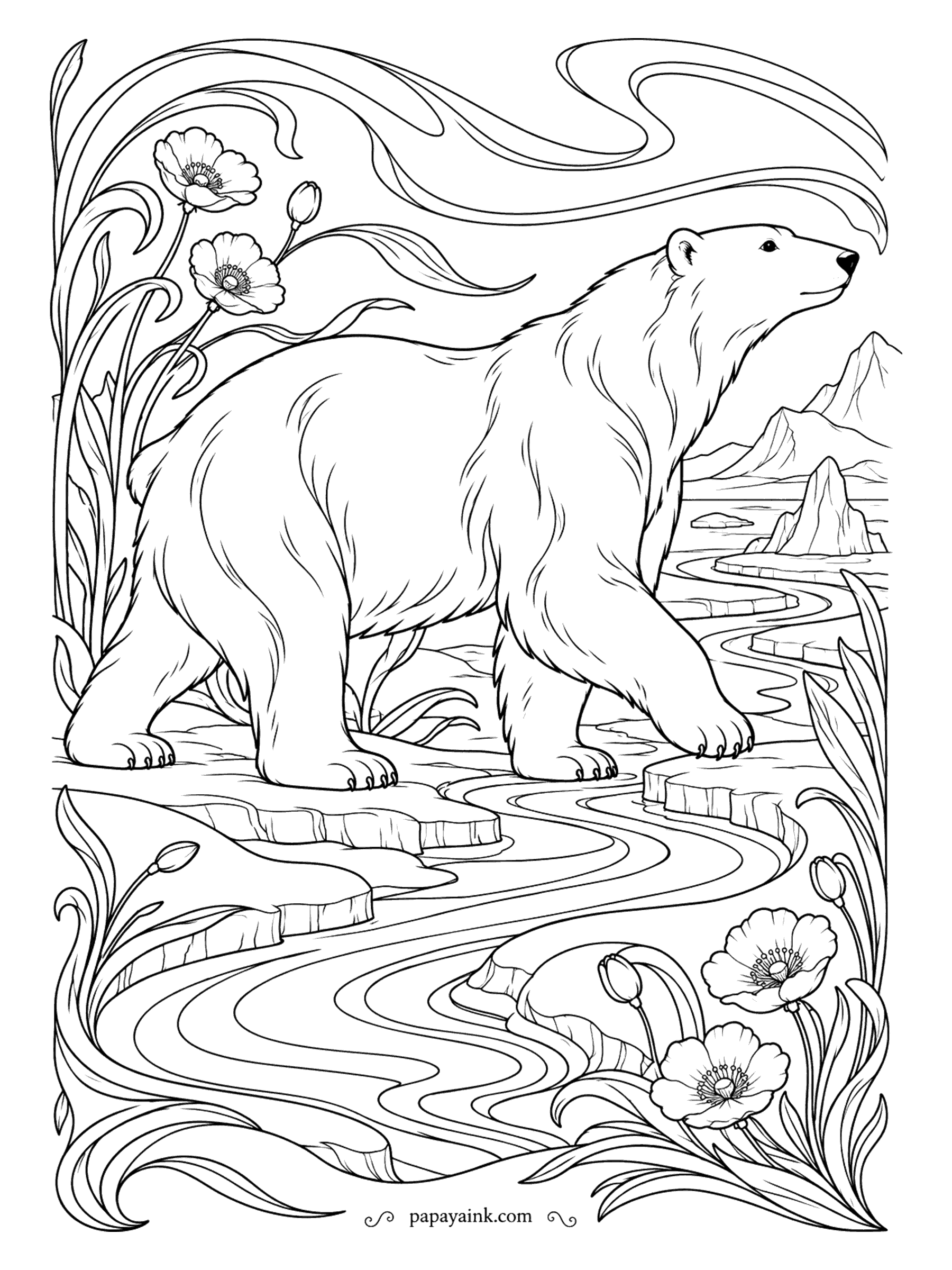 Polar Bear Coloring Pages - Northern lights ripple across the top of this art nouveau design while the bear steps between ice floes inside a frame of poppies and winding stems. Detailed. Greens and violets for the aurora, and let the ribbons of water echo them.
