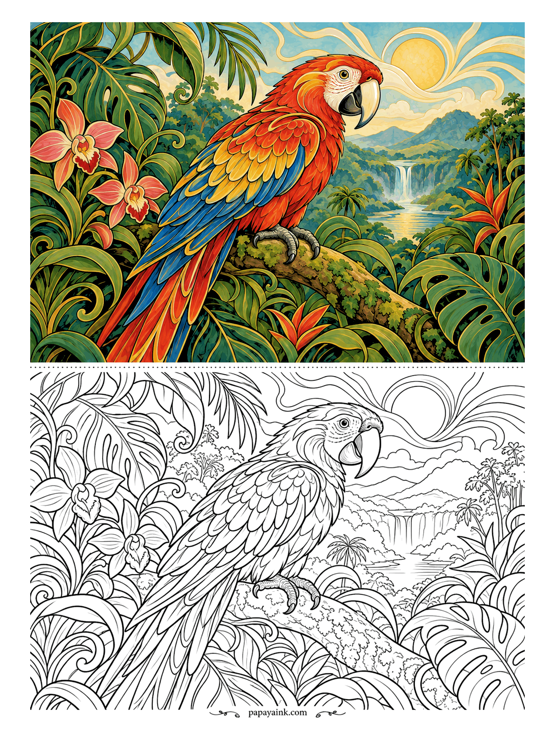 Parrot Coloring Pages - Orchids climb the left side, a waterfall drops far down the valley, and the scarlet macaw holds the branch in the middle of it all. Red, yellow and blue in bands down the wing, as the sample shows; salmon and magenta for the orchids. Detailed.