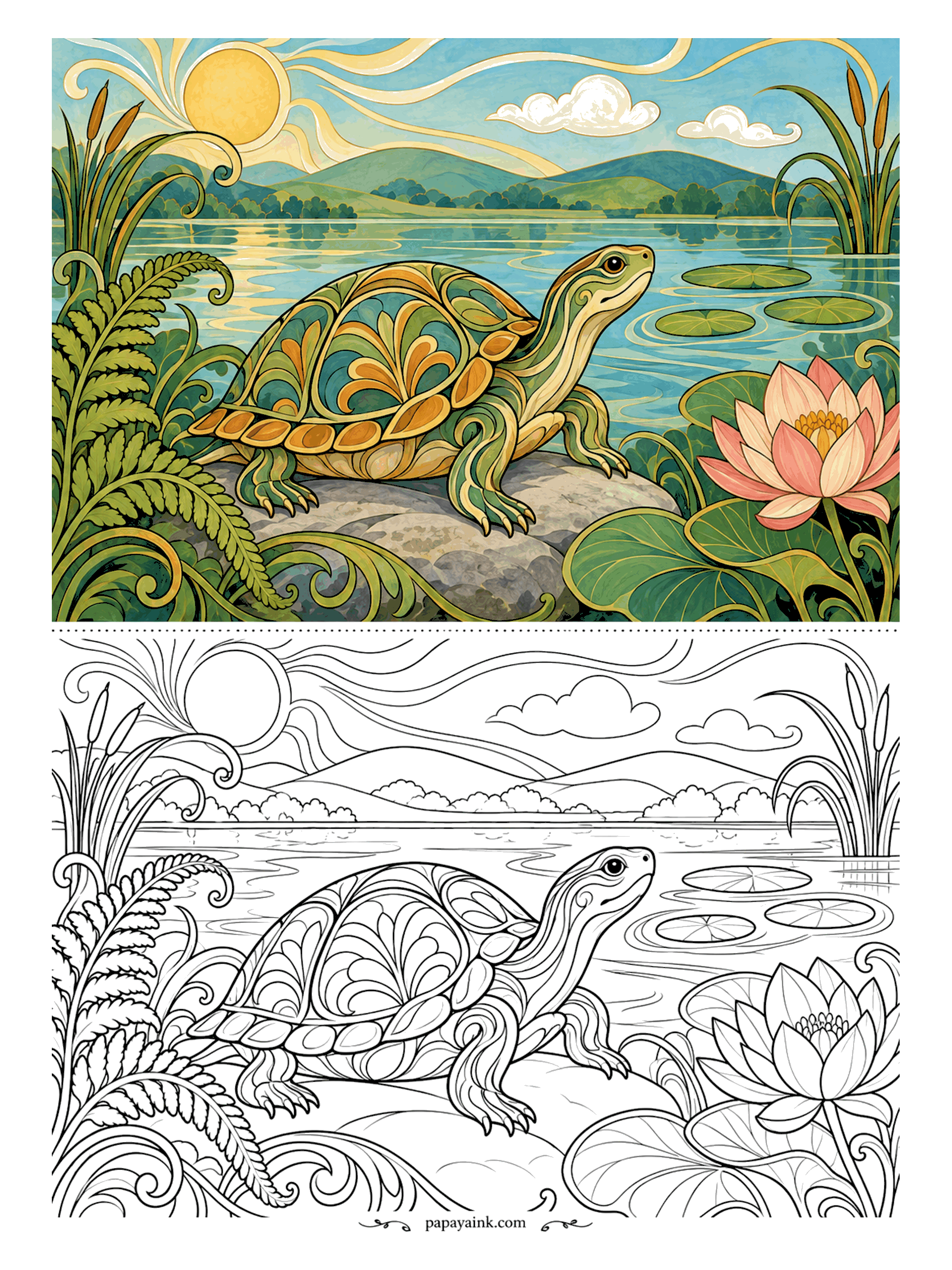 Turtle Coloring Pages - Shell patterned in tendrils and teardrops, the turtle suns herself on a flat stone under a swirling Art Nouveau sky. Ferns curl in from the left, a lotus opens on the right. Olive and ochre for the shell, three greens for the rest.