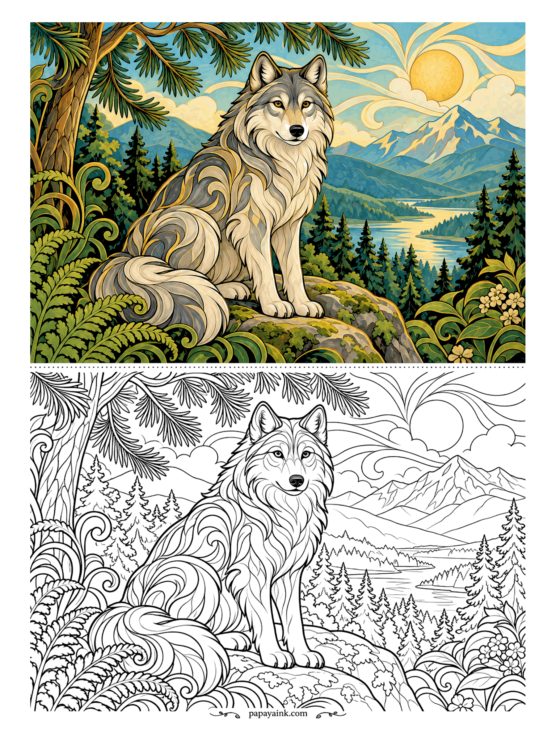 Wolf Coloring Pages - Seated on a mossy rock above a pine valley, the grey wolf looks out over a lake toward snowy mountains, his fur flowing in long Art Nouveau waves under a hanging pine bough. Silver, slate and cream for the coat, amber for the eyes. Detailed.