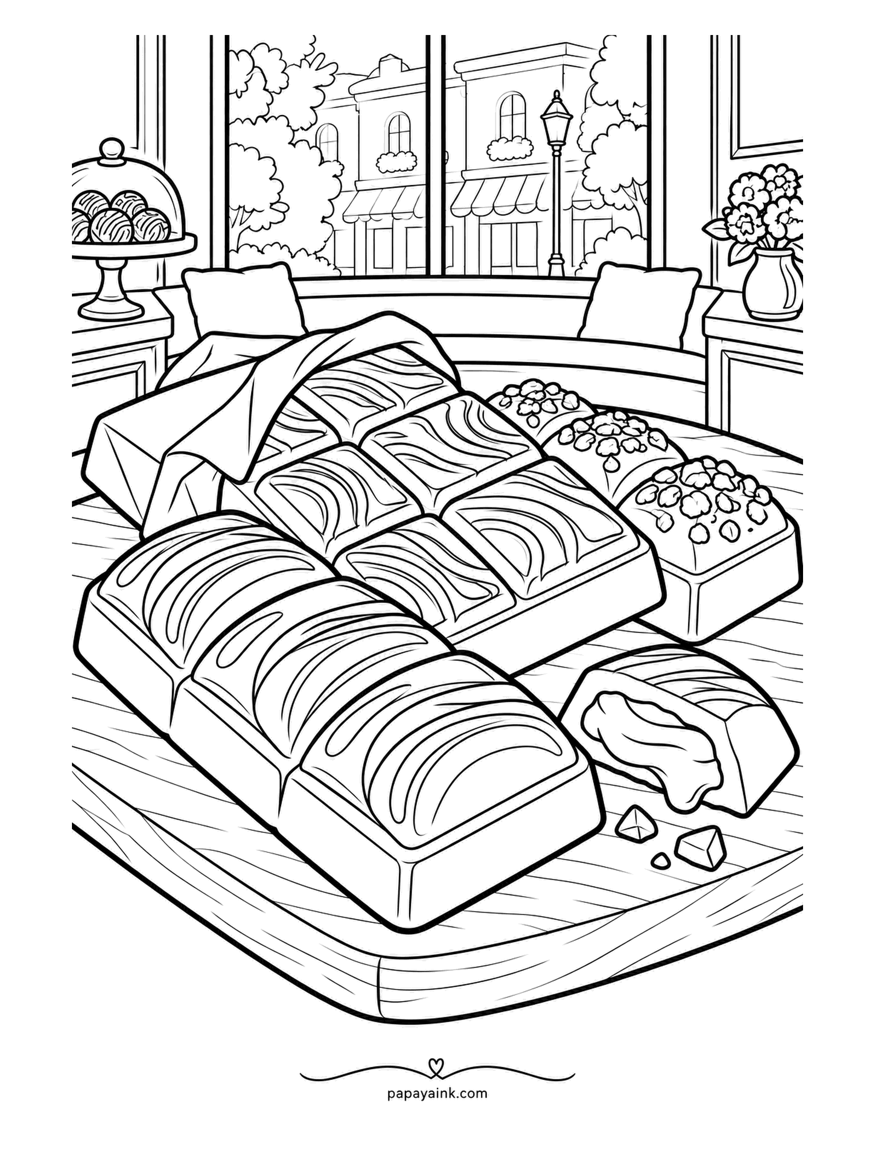 Candy Coloring Pages - Artisan chocolate bars on a wooden board in the shop window - swirled tops, a nut-studded one, and a broken piece leaking caramel. Across the street the awnings are down and a lamp post stands guard. Milk, dark and a clear amber for the filling.