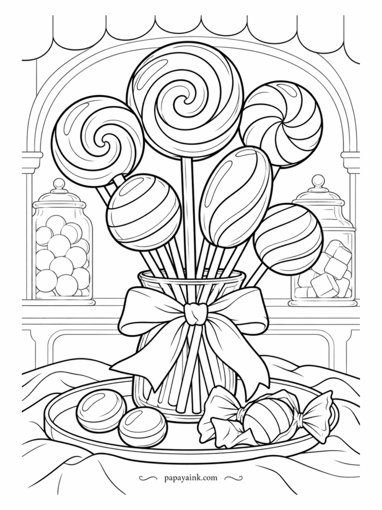Candy Coloring Pages - A bouquet that never wilts. Swirl lollipops and banded ovals stand in a jar tied with a wide bow, and the tray below has collected a few stray drops and one twist still in its wrapper. Give each lollipop its own two shades.