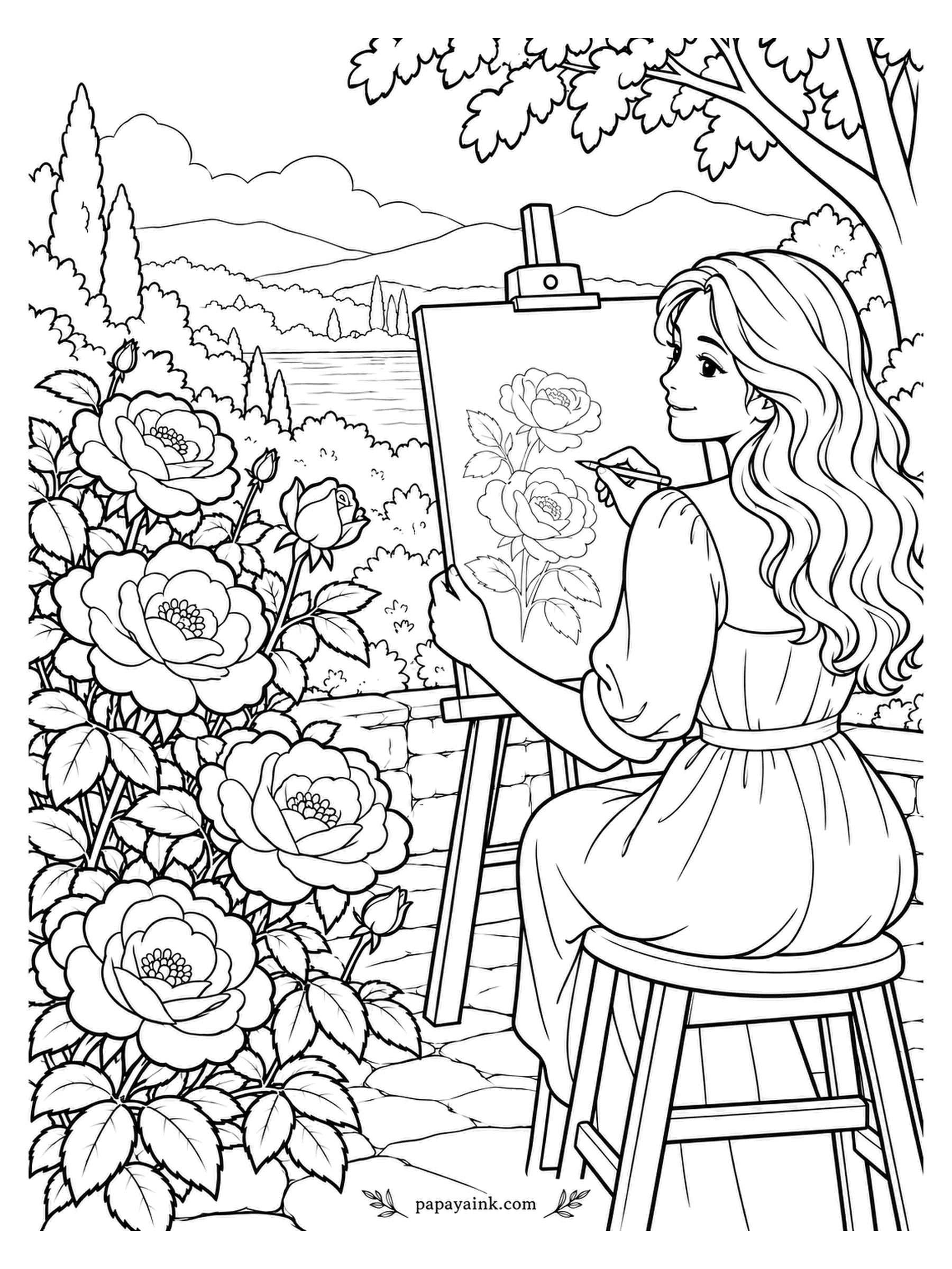 Rose Coloring Pages - Plein-air drawing at its most patient. A young woman on a wooden stool copies the rose bush beside her onto the easel, and the bush, unlike most models, holds the pose. A lake, cypresses and soft hills fill the distance. Detailed.