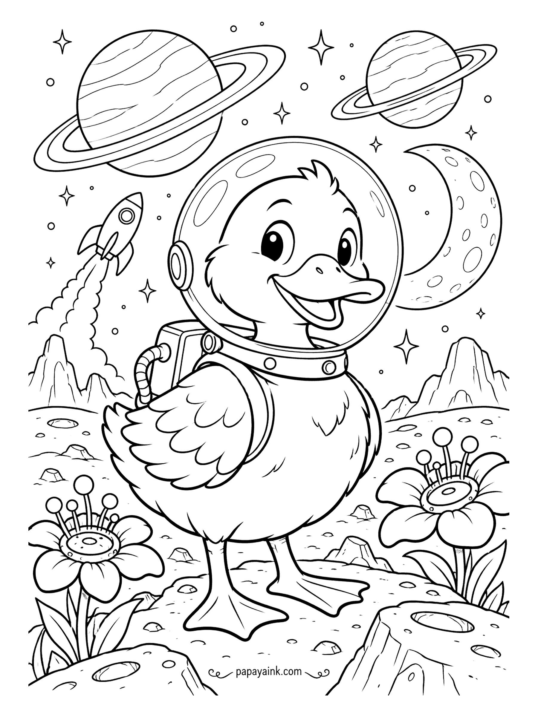 Duck Coloring Pages - Helmet on, backpack strapped, a duckling explores a cratered planet under two ringed worlds and a crescent moon while a rocket takes off behind. Strange flowers in the foreground are yours to invent colors for.