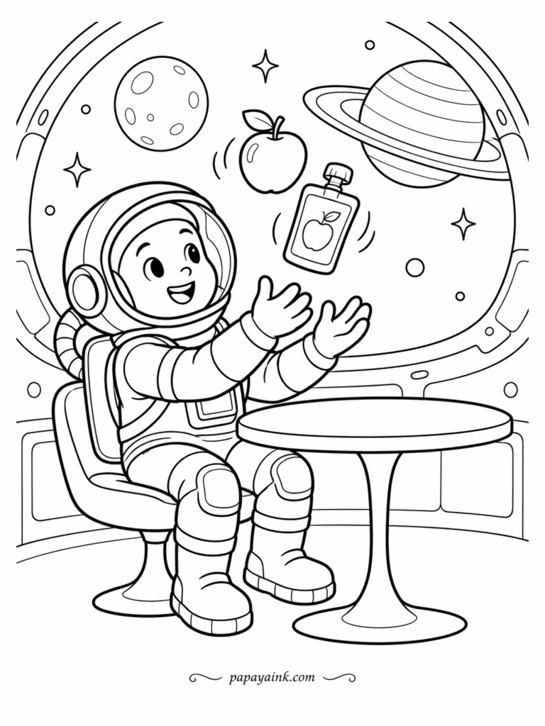 Space Coloring Pages - Breakfast in orbit never stays on the plate. An apple and a squeeze pouch drift past the astronaut's gloves while a ringed planet hangs in the big window behind him. Leave the window glass white and the whole scene floats.