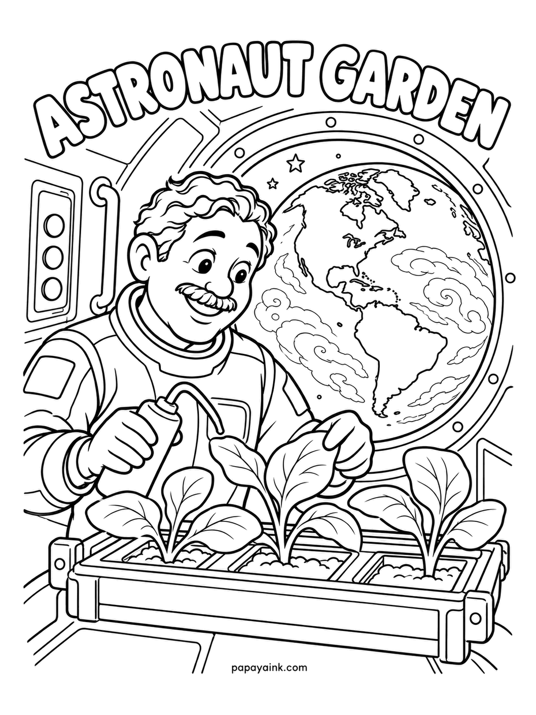 Earth Coloring Pages - An astronaut squeezes water onto leafy greens in a growing tray while Earth fills the porthole behind him. Crews really do raise lettuce in orbit, and anything fresh is a treat up there. Bright green leaves against gray hardware, swirling clouds over the planet.