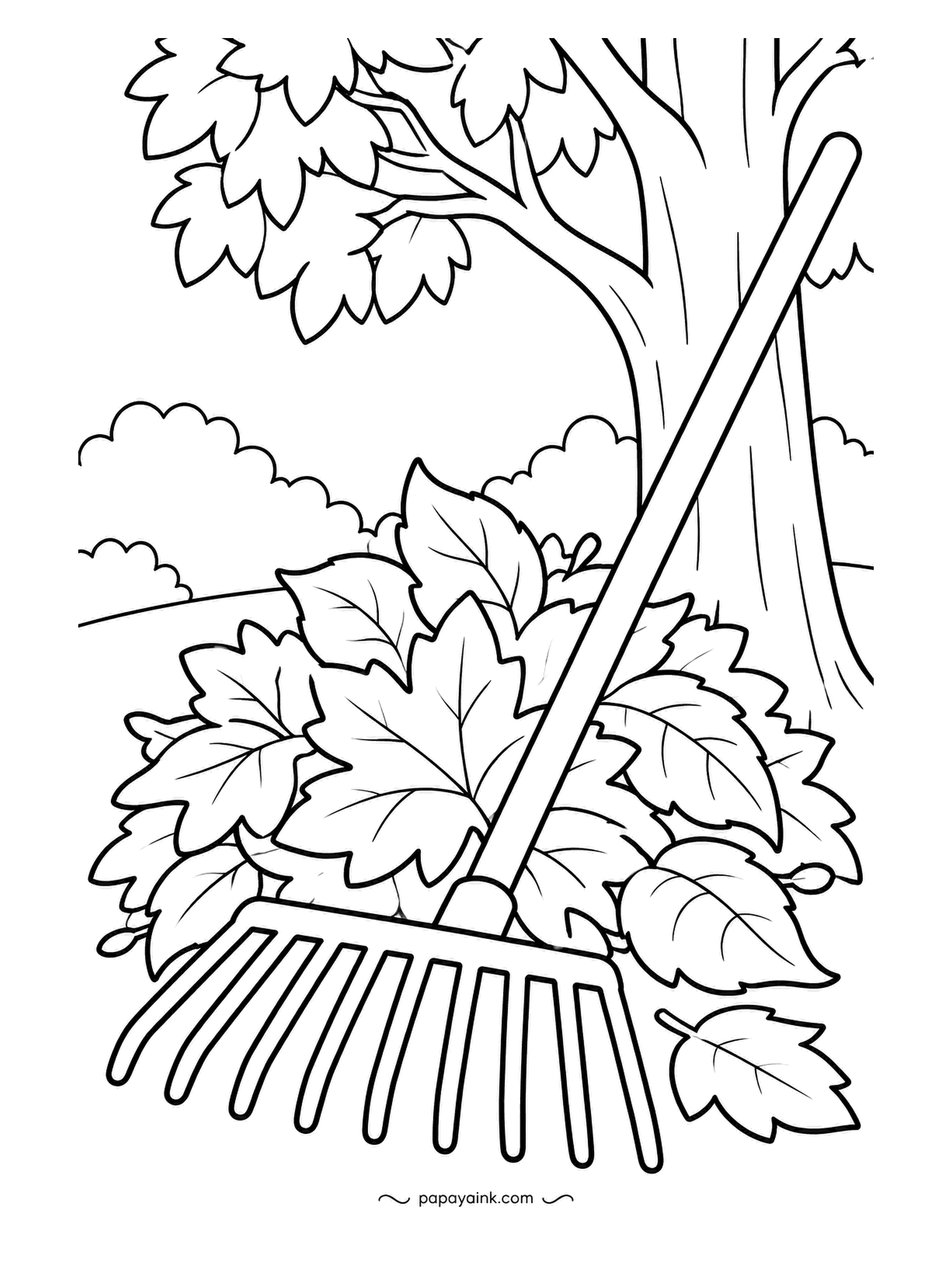 Garden Coloring Pages - Raking season. A leaf pile sits under a tree still half dressed, with the rake leaning across it and lawn beyond. Autumn gives you the full range here: yellow, orange, rust and brown on the leaves, and the tree trunk in gray.