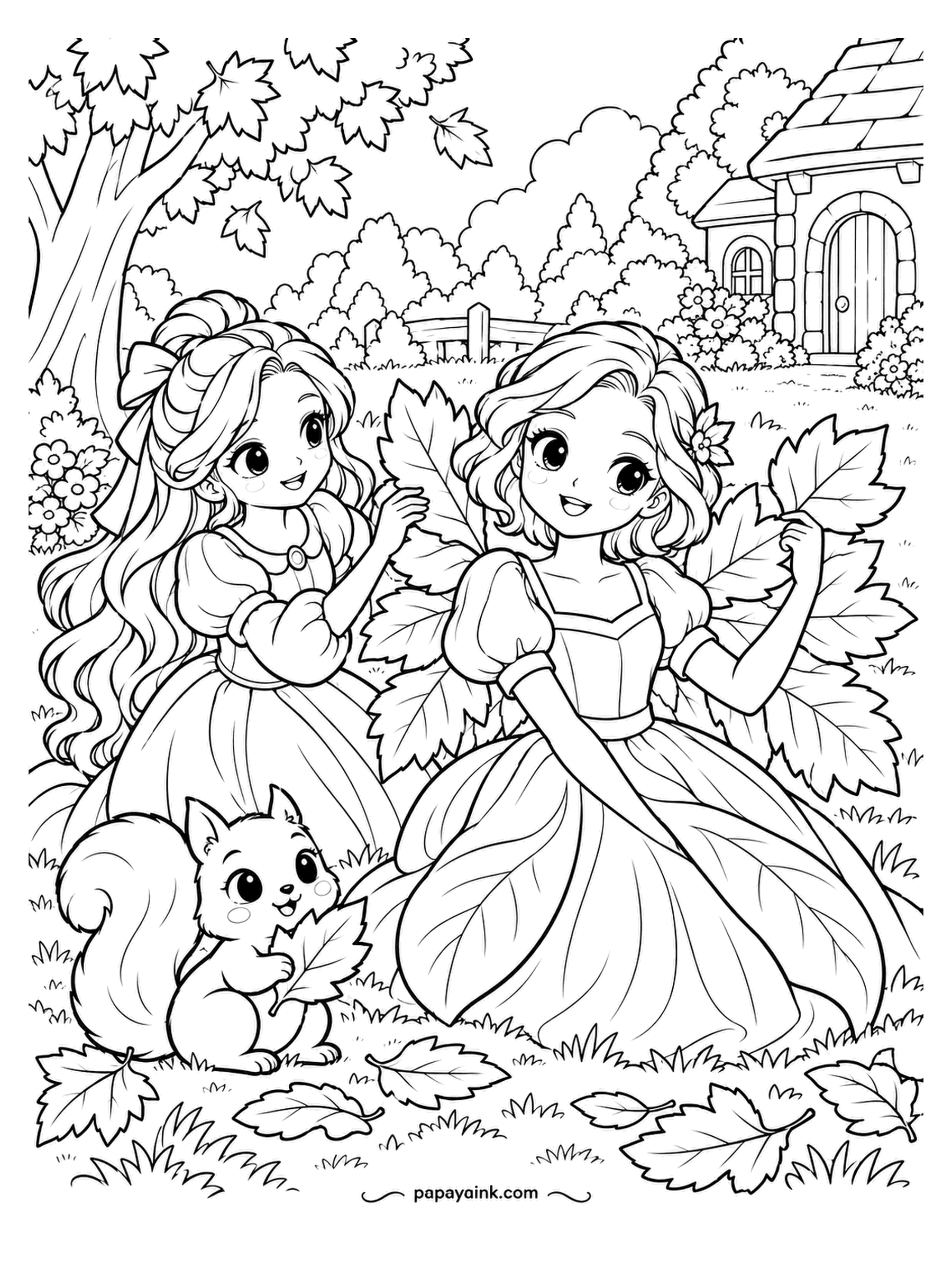 Kawaii Princess Coloring Pages - Wings made of leaves, held at the shoulder like a proper pair. The princesses are testing whether oversized leaves lift anything, and the squirrel has picked up a smaller one to join the experiment. Autumn page - oranges, rusts and one surprising yellow.