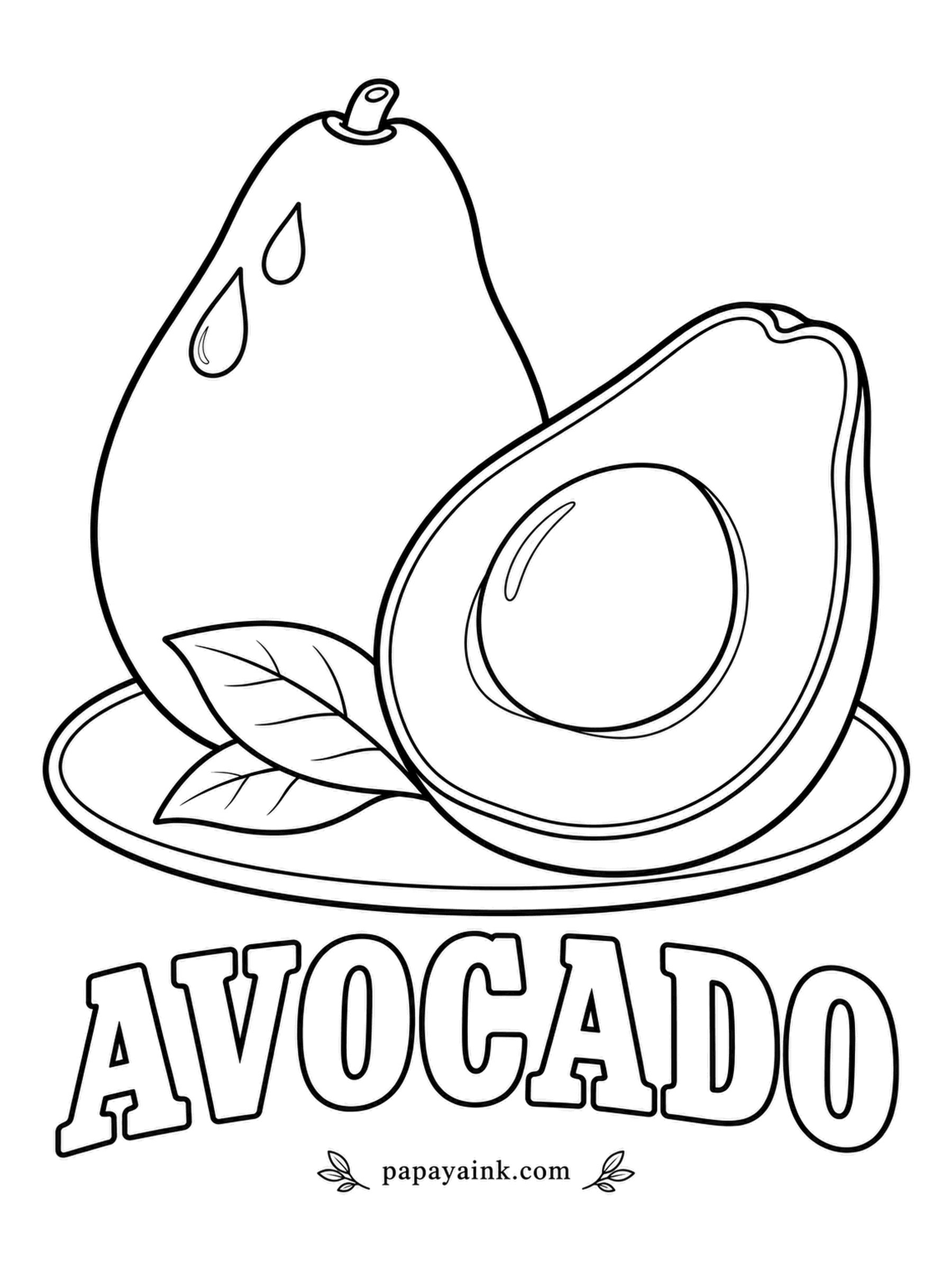 Printable Fruit Coloring Pages - A whole avocado beside a half with the big round pit still seated in it. The skin is dark, bumpy green, almost black when ripe; the flesh goes from bright green at the edge to butter yellow around the stone.