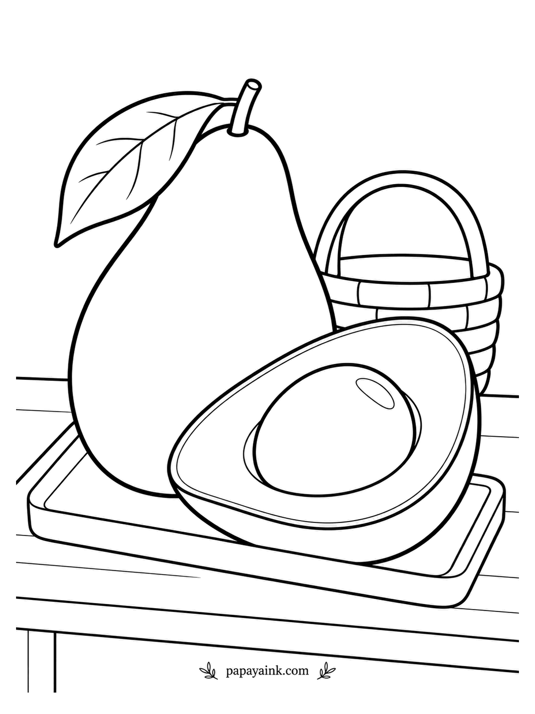 Fruit Coloring Pages - An avocado is a single-seed berry, which is a strange thing to call something this size. Whole fruit with a leaf, a half with the big round pit in its socket, basket at the corner. Flesh fades from pale yellow at the pit to green at the skin.