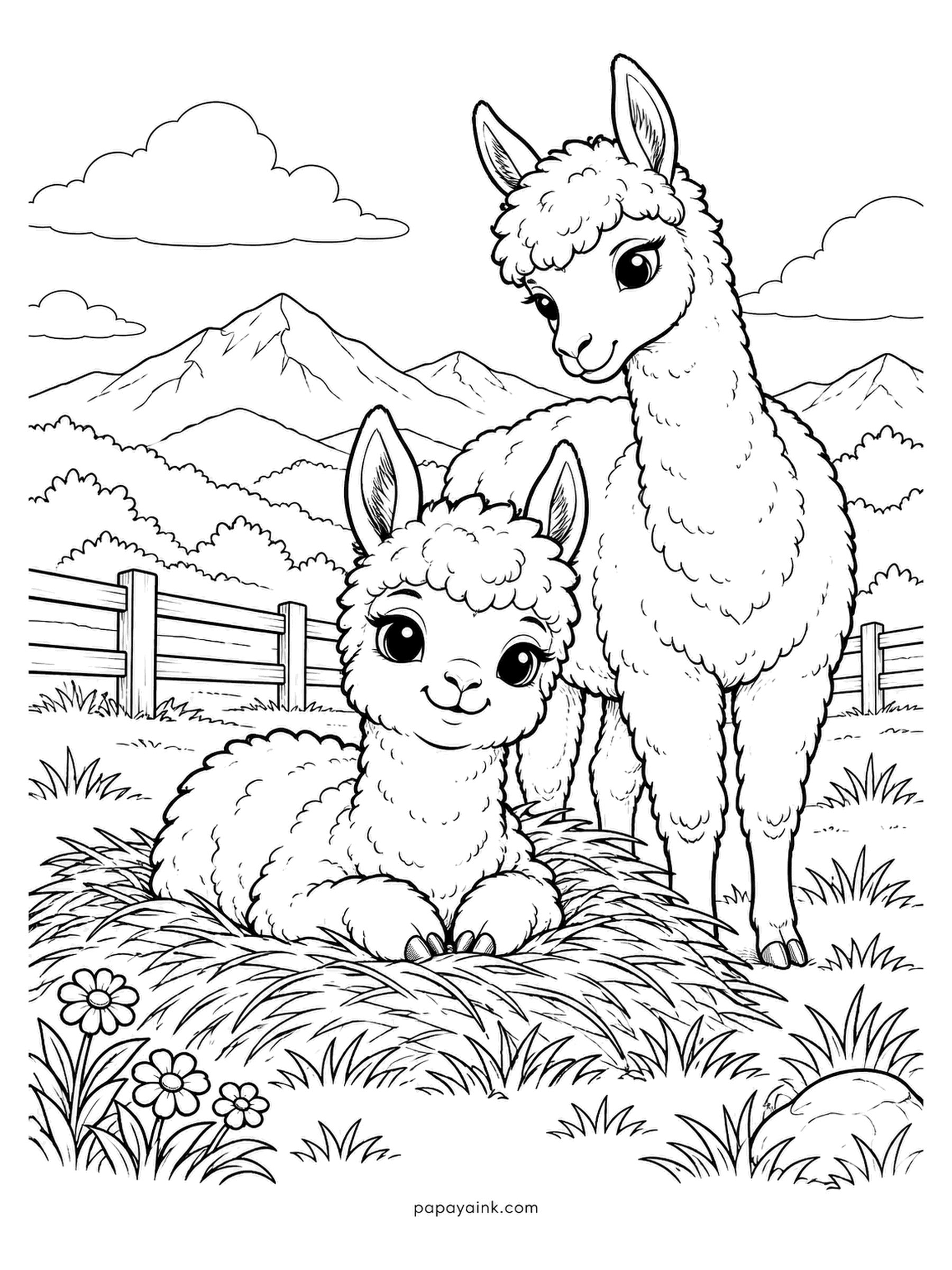Baby Animal Coloring Pages - Cria is the word for a baby alpaca, and this one has settled into a nest of hay while its mother keeps watch at the fence. Both coats are a mass of tight curls - a soft cream or fawn works, with a darker nose.
