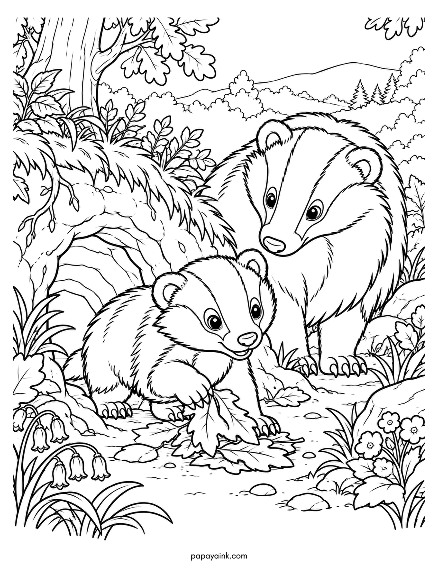 Baby Animal Coloring Pages - Outside the sett under the oak roots, the badger cub has found a leaf and is not sure it approves. The adult waits. Badger cubs stay underground for about eight weeks before a first look outside. Charcoal body, snowy stripe on the face.