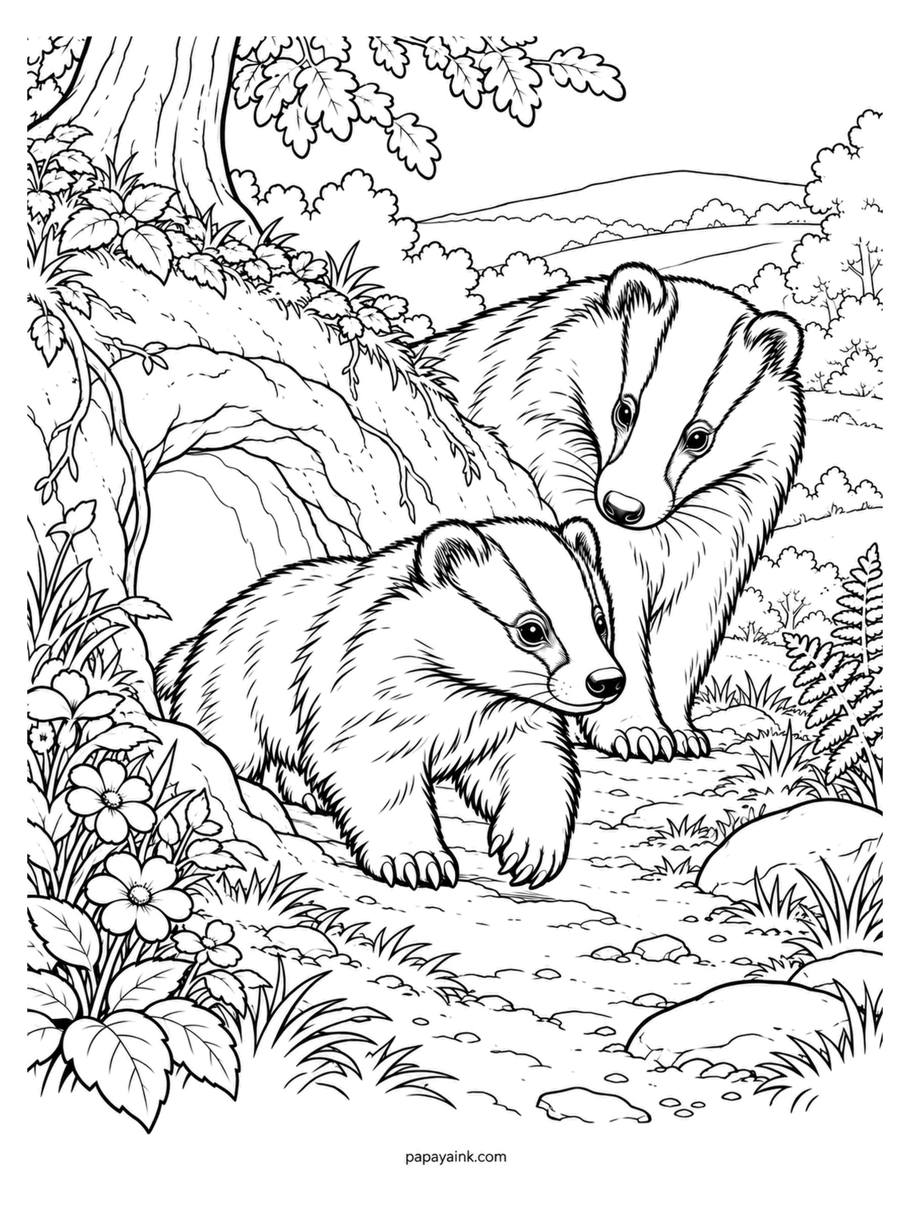 Baby Animal Coloring Pages - Noses to the ground, mother and cub follow a scent along the bank. Badgers see poorly and smell everything, which is why both heads are down. The striped face is the one place to be precise; the rest is a silvery grizzle. Detailed.