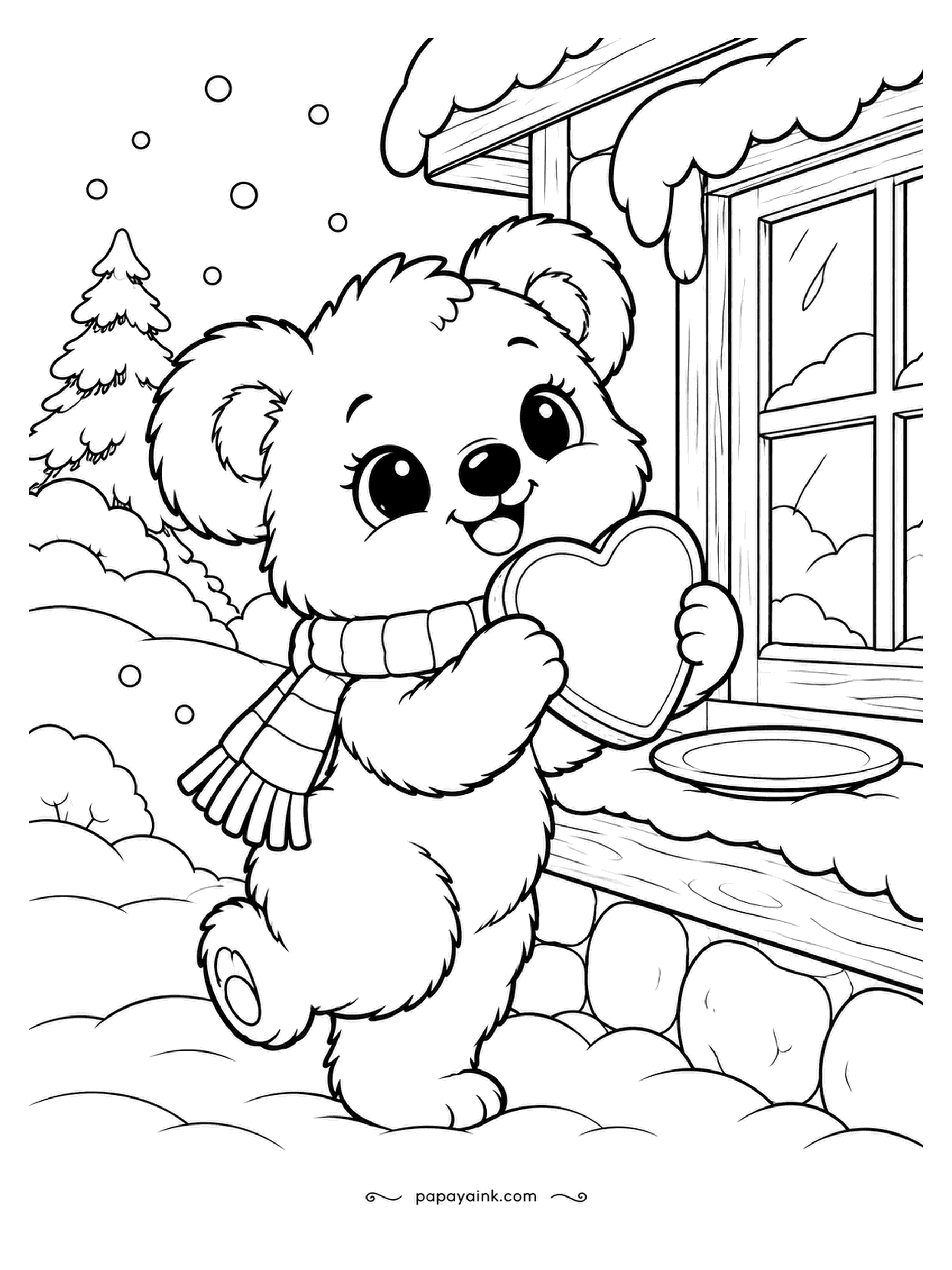 Cute Winter Coloring Pages - Toast cut into a heart, carried out to the porch rail in the snow by a bear cub in a striped scarf, plate waiting. Cabin window at the back. Golden toast, brown fur, and a red stripe or two in the knitwear.