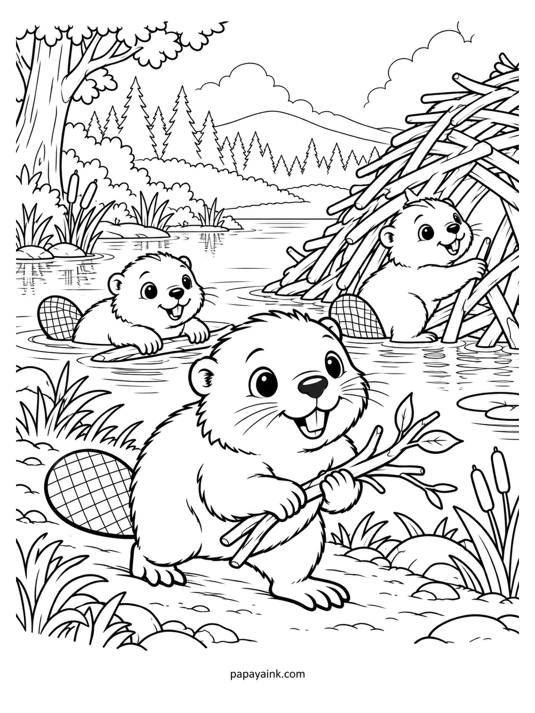 Baby Animal Coloring Pages - Kit with a stick, kit in the pond, kit peeking from the lodge doorway - the whole family is on construction duty. Beaver kits can swim within a day of birth. Chestnut throughout, and crosshatch the flat tails in a darker tone.