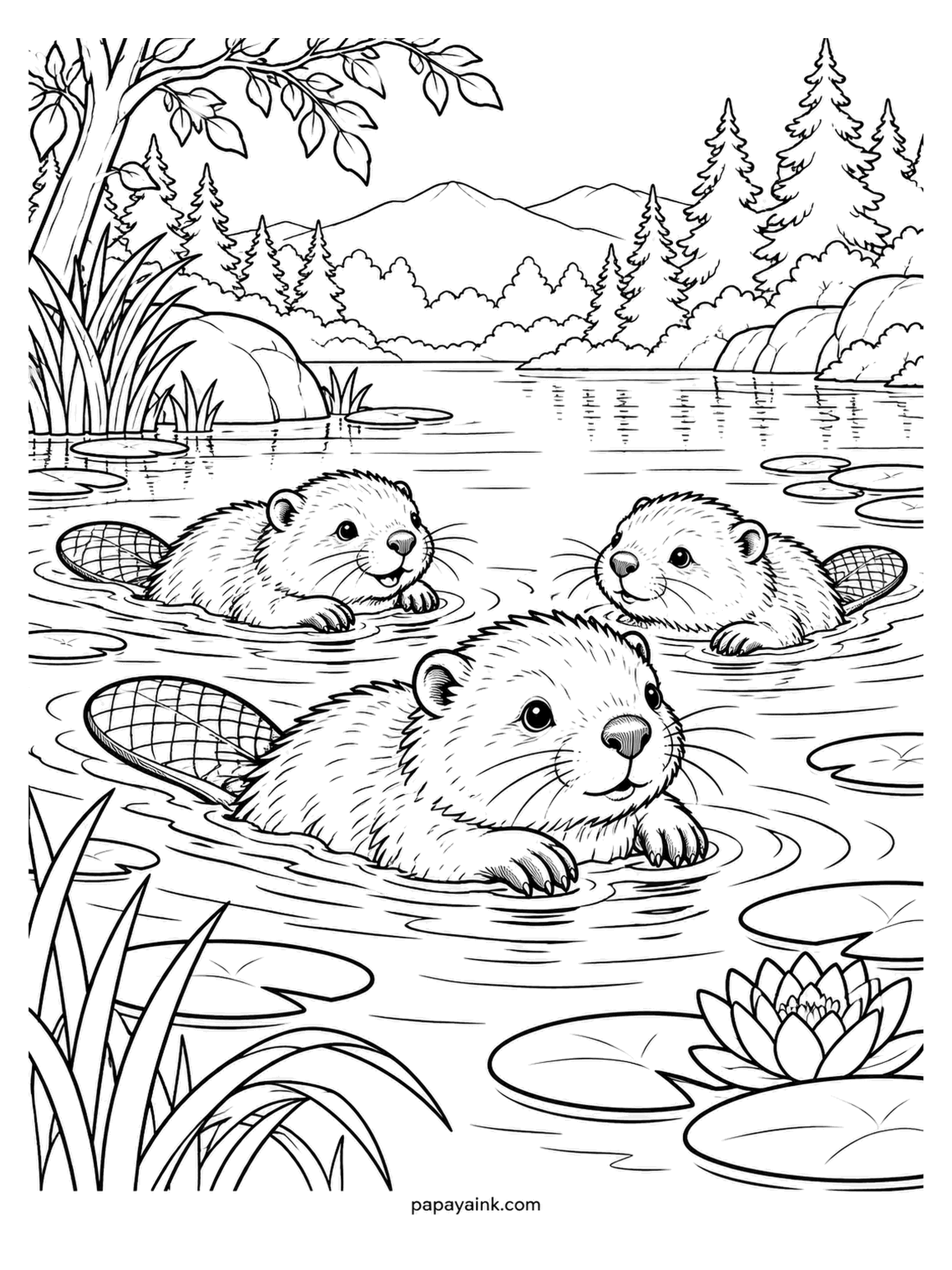Baby Animal Coloring Pages - Three beaver kits paddling across a quiet pond, lily pads and a lotus in the foreground, pines on the far shore. The water is drawn in long ripples; a few blue washes between them are all it takes. Rich brown for the kits. Detailed.