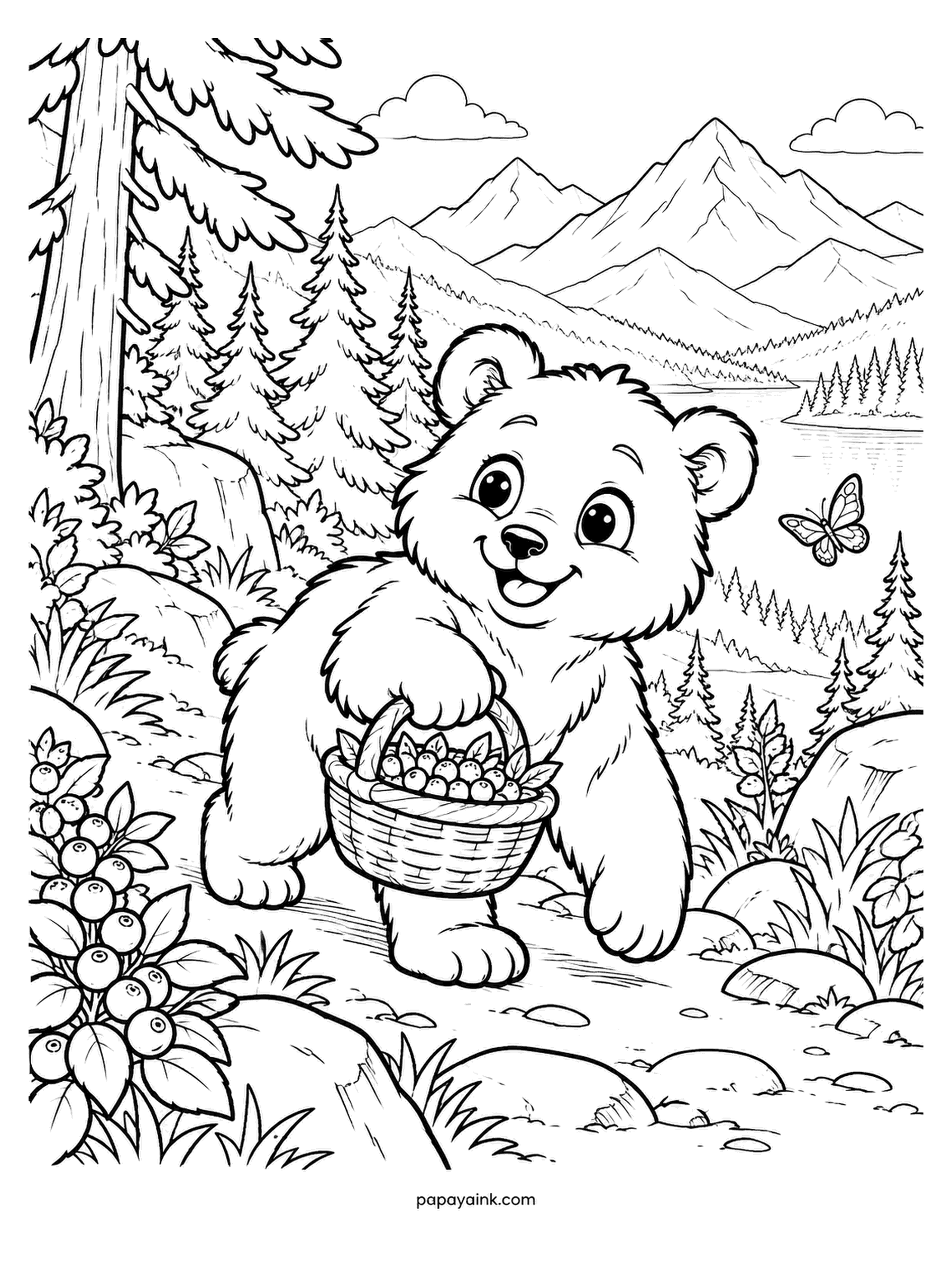 Baby Animal Coloring Pages - Berry season in the mountains, and the brown bear cub has brought a basket it is not planning to share. Blueberry bushes on one side, a butterfly on the other. Dark chocolate for the coat, a lighter muzzle, and blue dots everywhere the berries are.